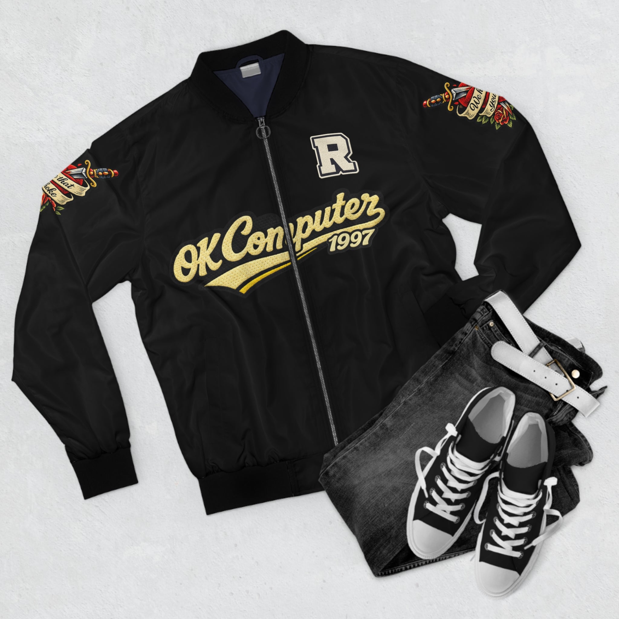 Bomber Jacket — "OK Computer 1997" Retro Graphic with "A Job That Slowly Kills You" Back