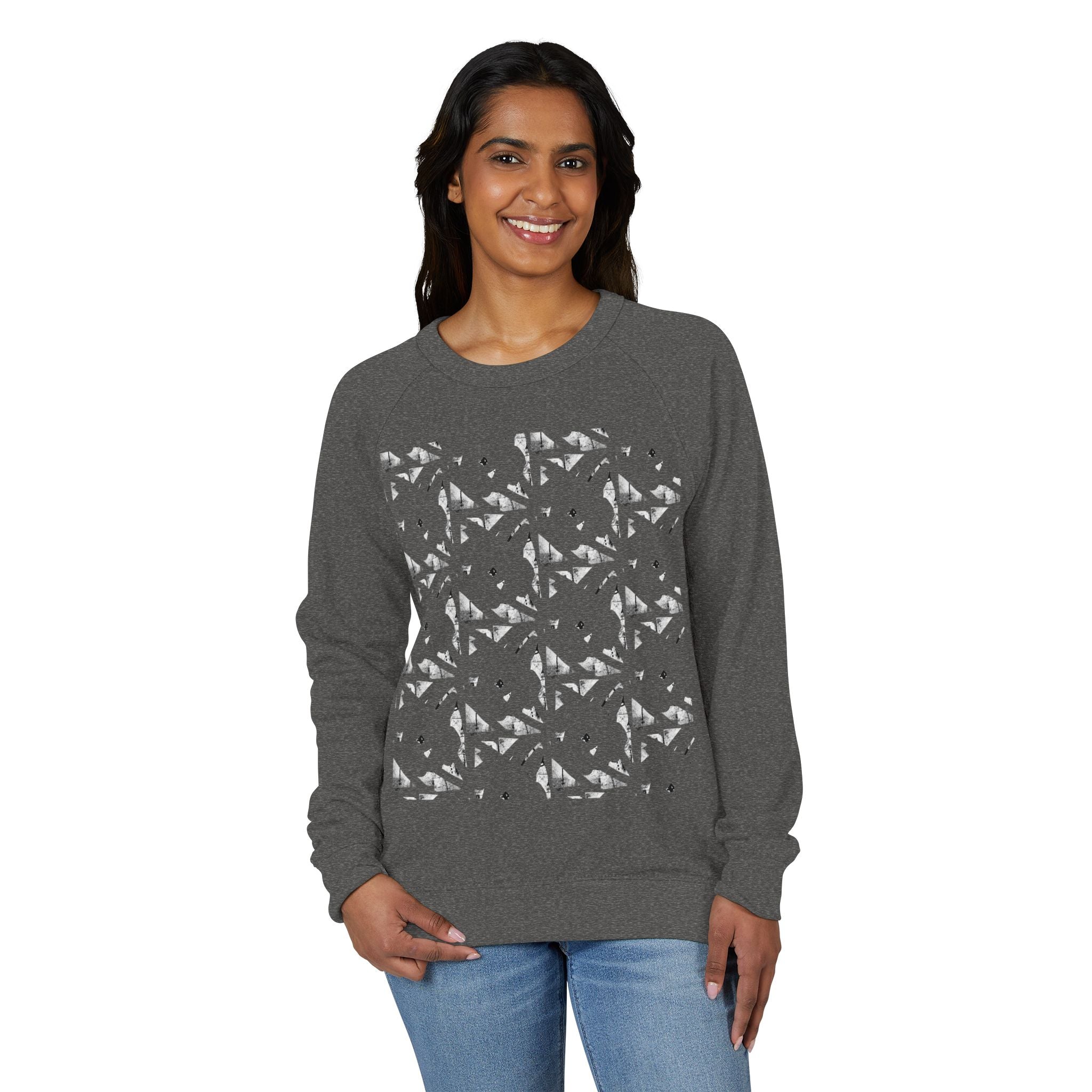 Graphic Raglan Crewneck Sweatshirt — Monochrome Geometric Pattern