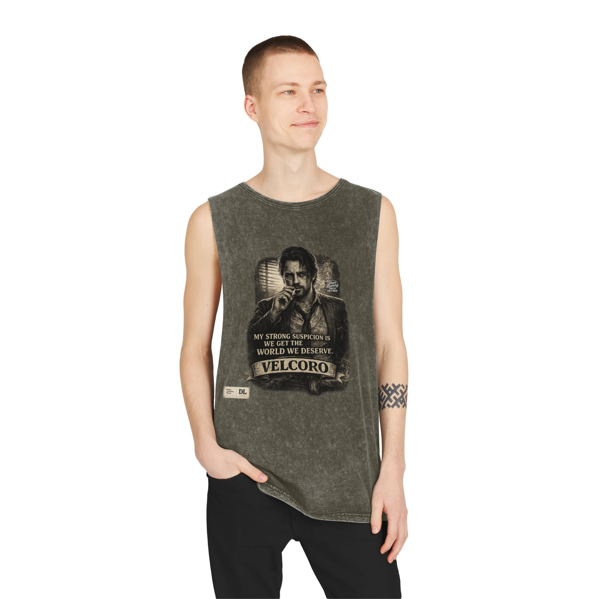 Stonewash Graphic Tank Top — Portrait with "Velcoro" Quote