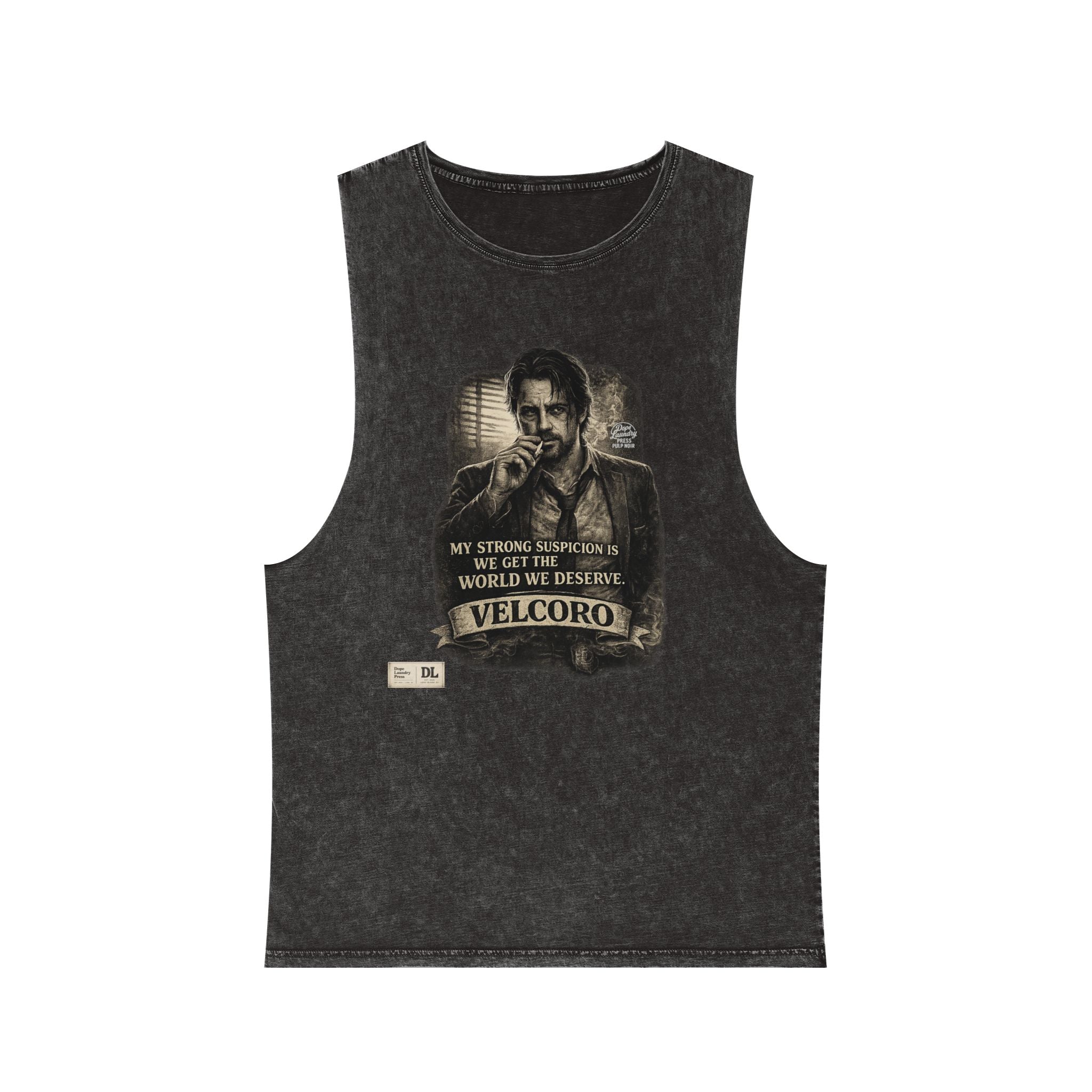 Stonewash Graphic Tank Top — Portrait with "Velcoro" Quote
