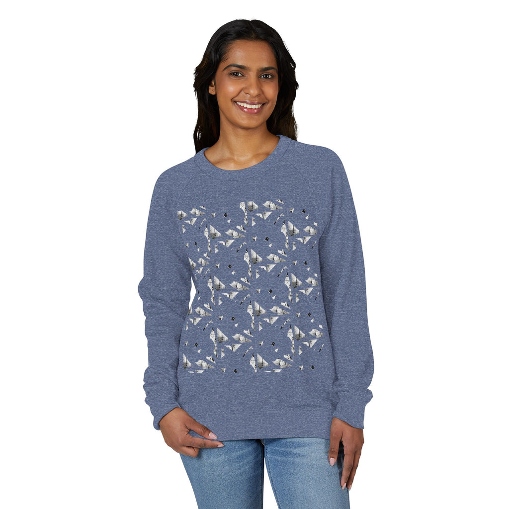 Graphic Raglan Crewneck Sweatshirt — Monochrome Geometric Pattern