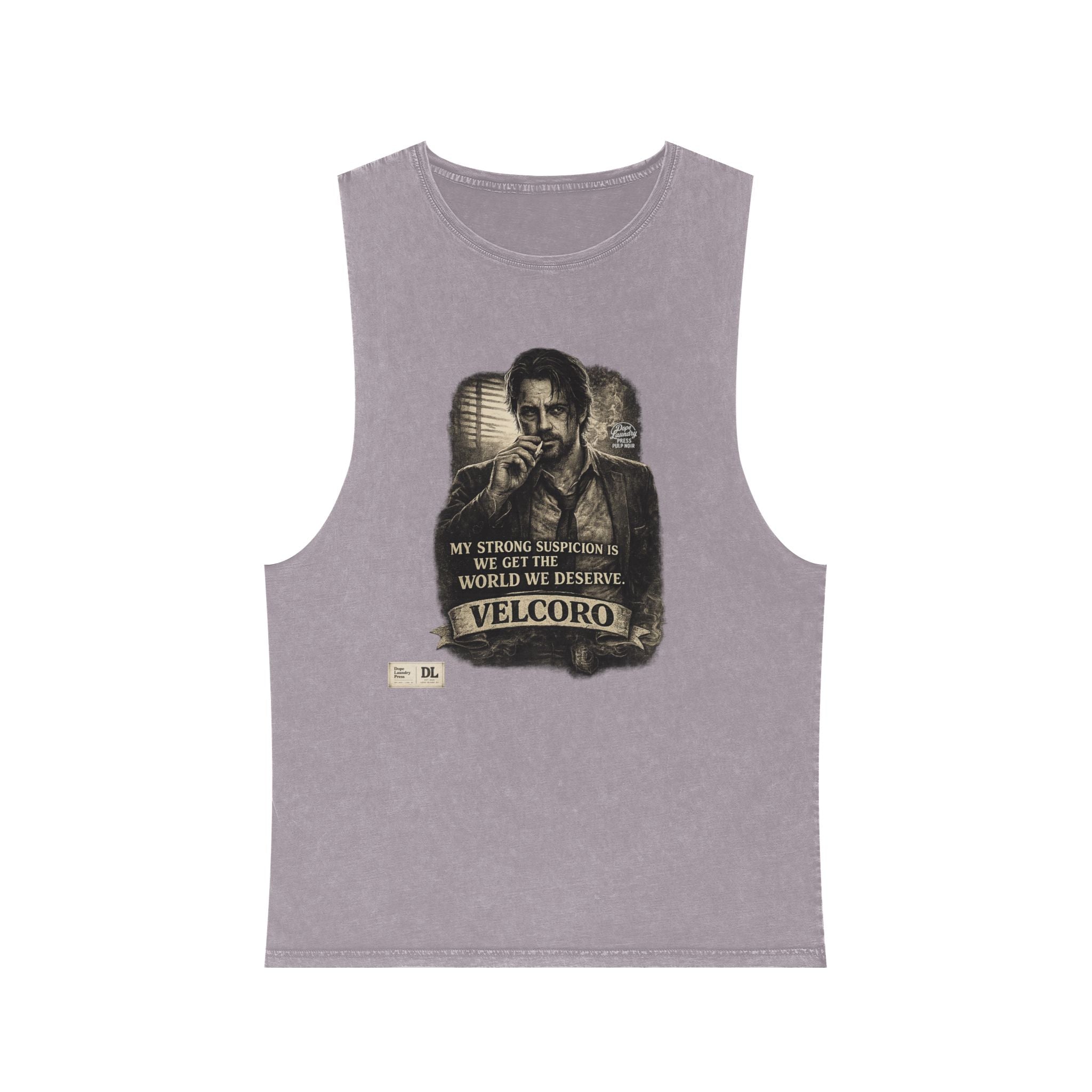 Stonewash Graphic Tank Top — Portrait with "Velcoro" Quote