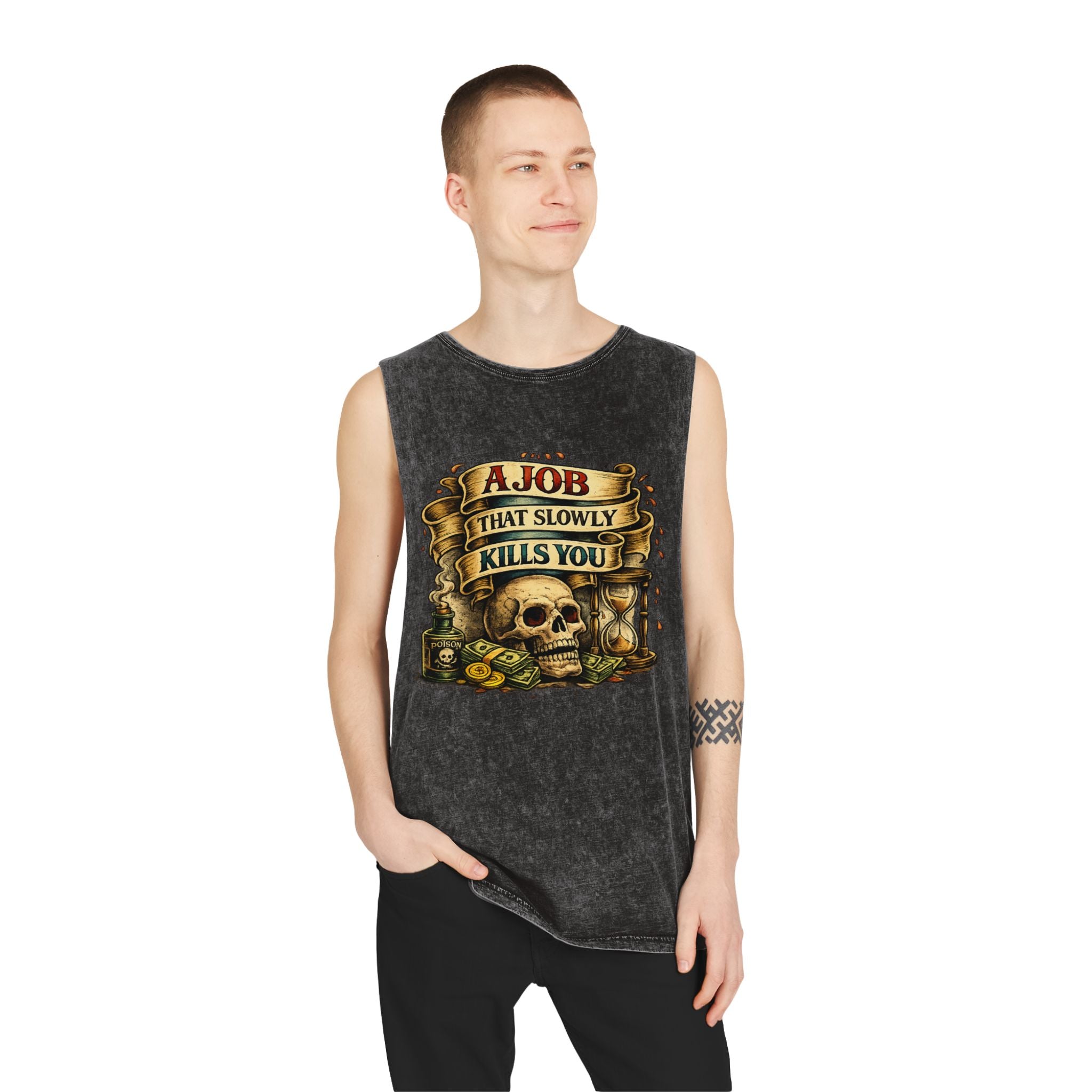 Tank Top — Retro Skull 'A Job That Slowly Kills You' Stonewash Muscle Tee