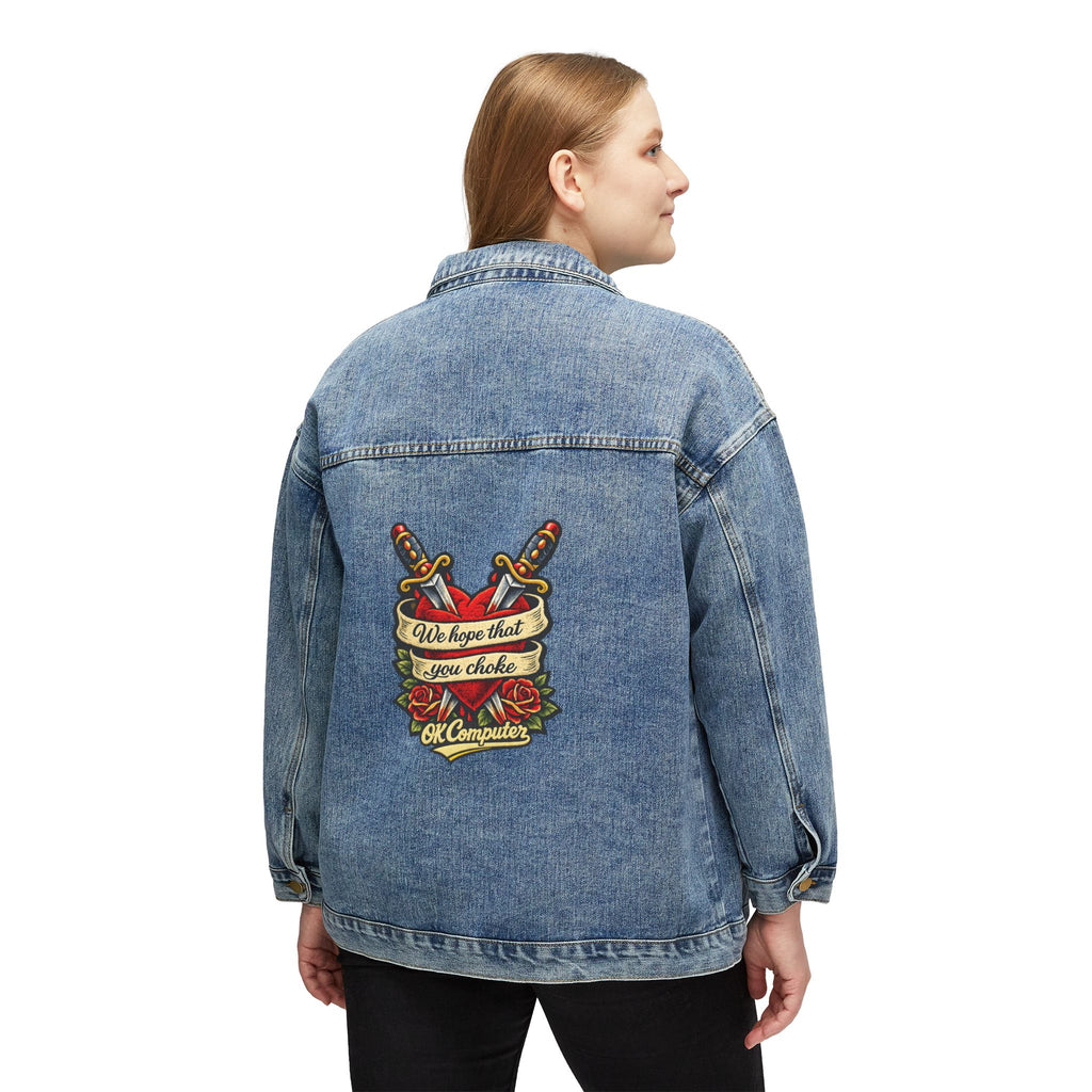 Women’s Denim Jacket — Retro Tattoo Back Patch “We Hope That You Choke”