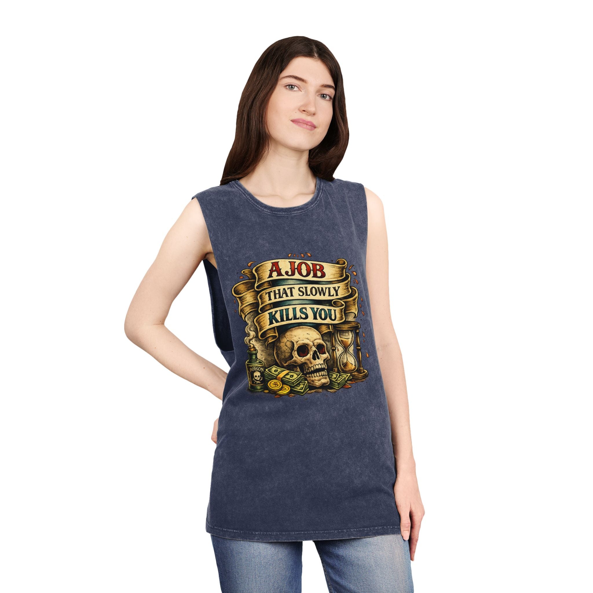 Tank Top — Retro Skull 'A Job That Slowly Kills You' Stonewash Muscle Tee