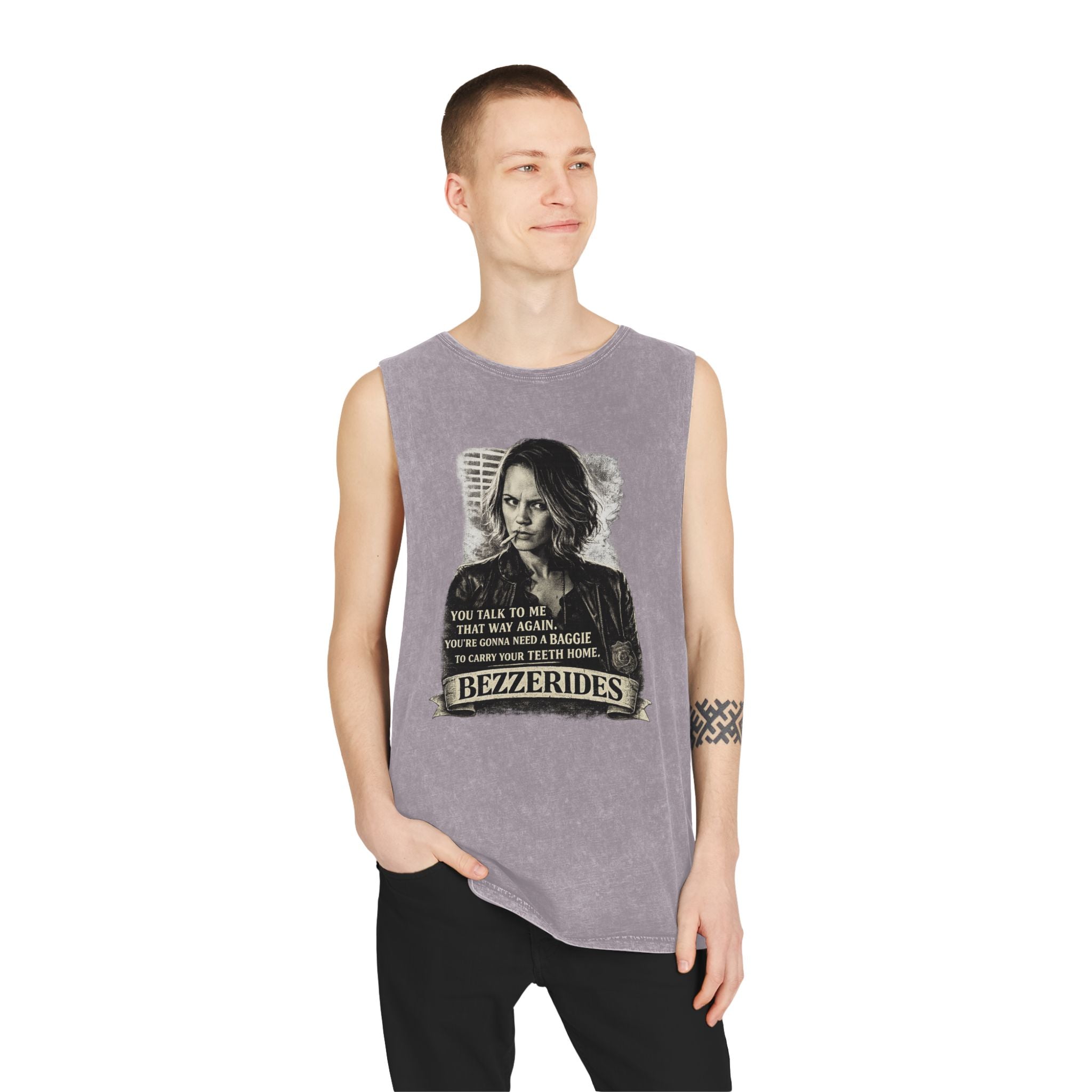 Bezzerides Vintage Stonewash Tank Top — 'You Talk To Me That Way Again...' Graphic