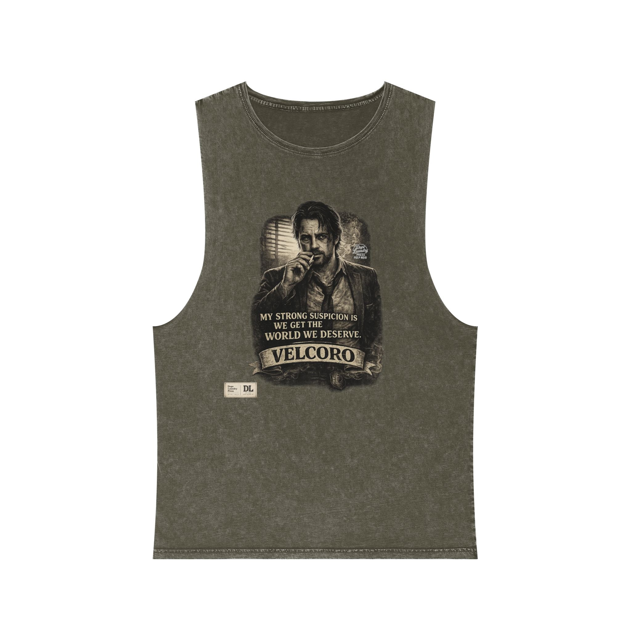 Stonewash Graphic Tank Top — Portrait with "Velcoro" Quote