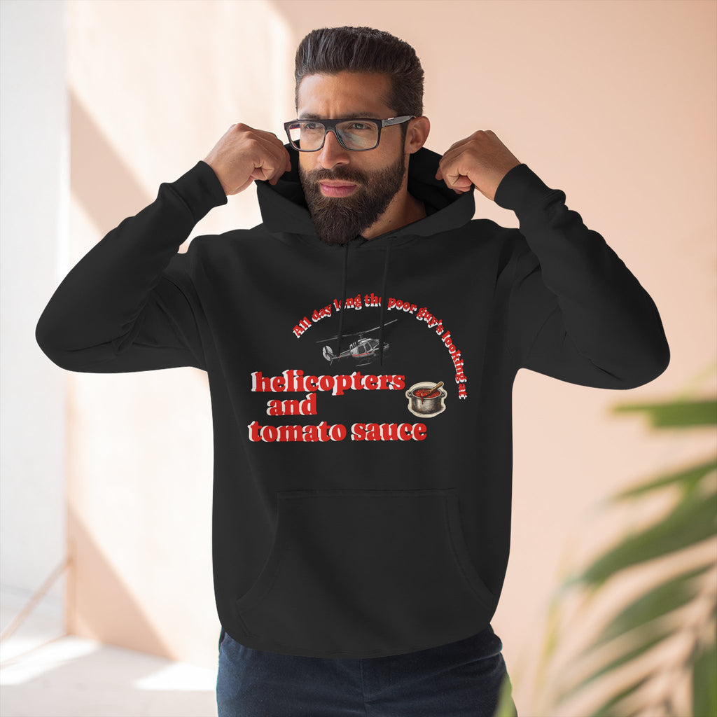 Hoodie — 'Helicopters and Tomato Sauce' Graphic Pullover (Retro Helicopter + Sauce Pot Print)