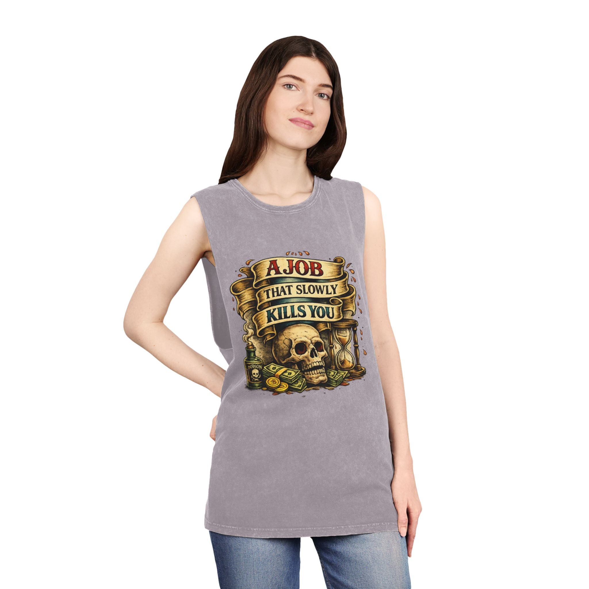 Tank Top — Retro Skull 'A Job That Slowly Kills You' Stonewash Muscle Tee