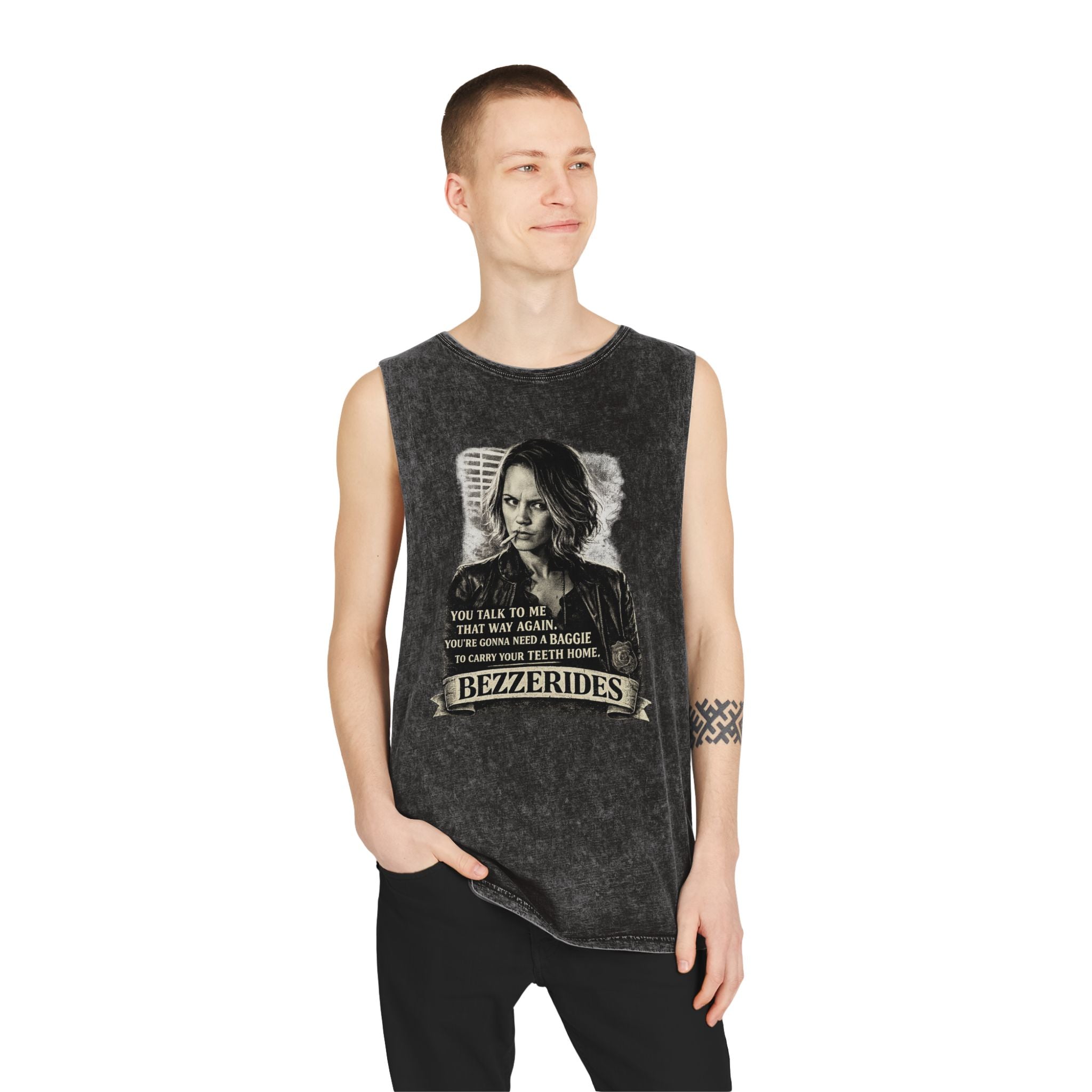 Bezzerides Vintage Stonewash Tank Top — 'You Talk To Me That Way Again...' Graphic