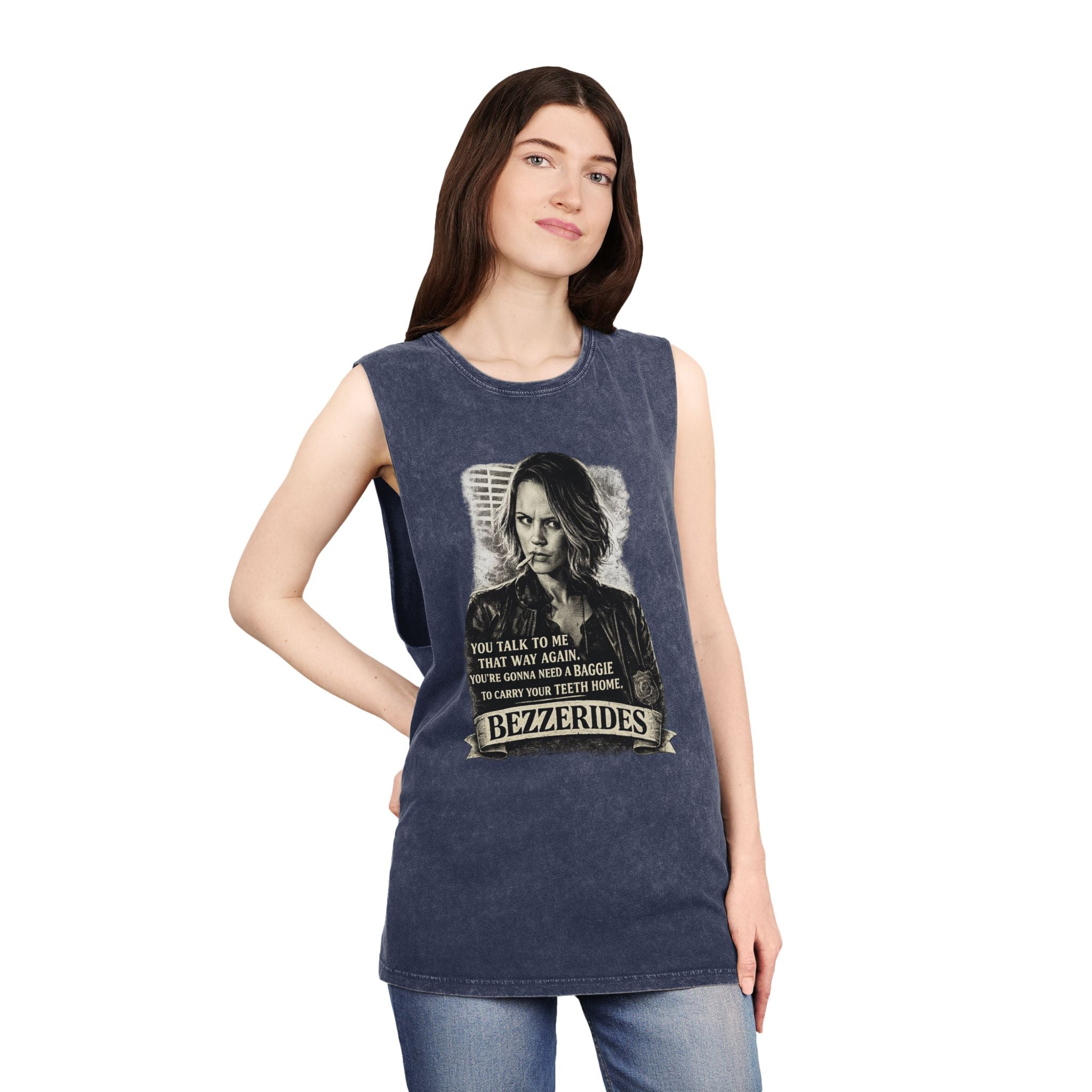 Bezzerides Vintage Stonewash Tank Top — 'You Talk To Me That Way Again...' Graphic