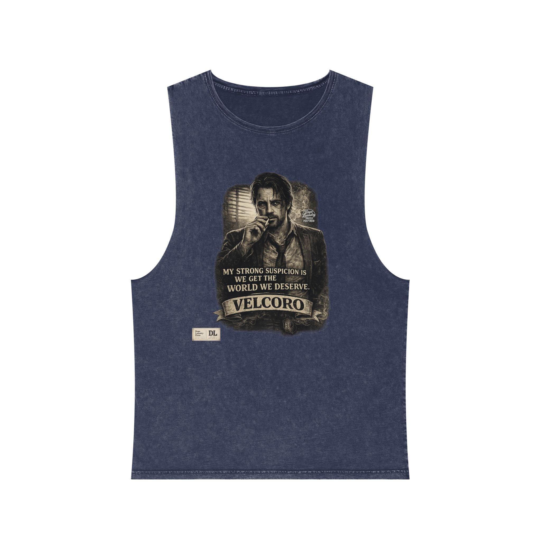Stonewash Graphic Tank Top — Portrait with "Velcoro" Quote