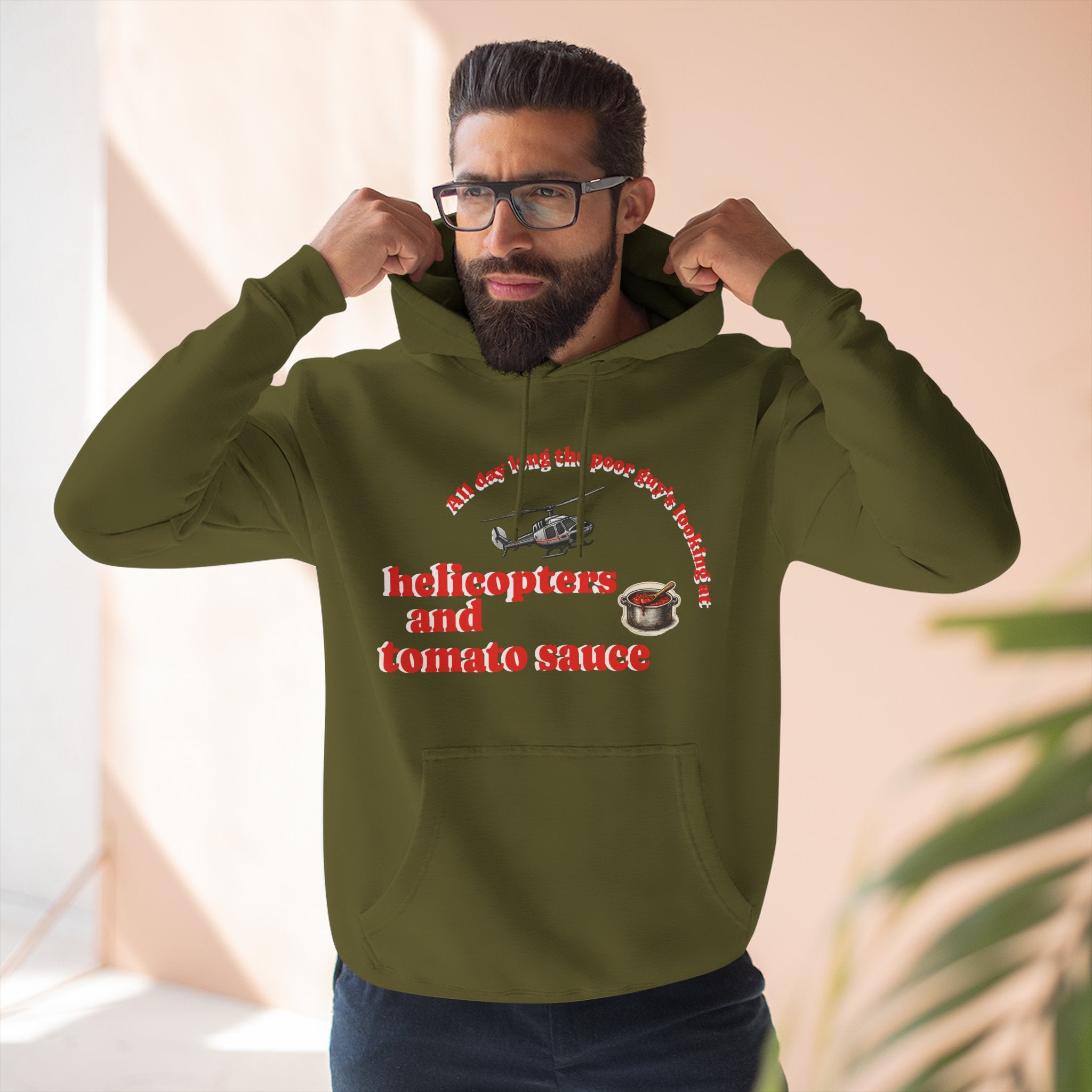Hoodie — 'Helicopters and Tomato Sauce' Graphic Pullover (Retro Helicopter + Sauce Pot Print)