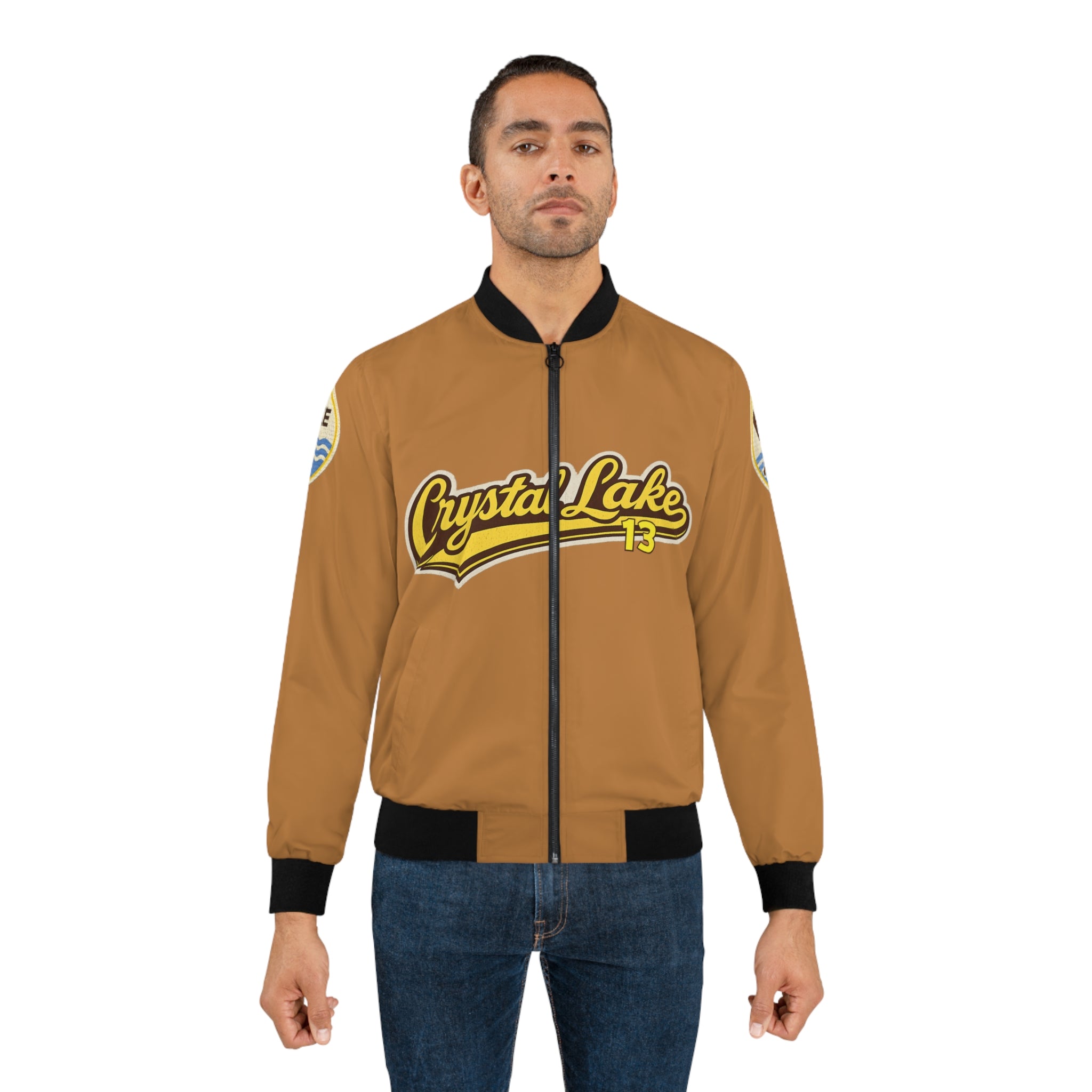 Crystal Lake 13 Bomber Jacket — Retro Lake Badge All-Over Print