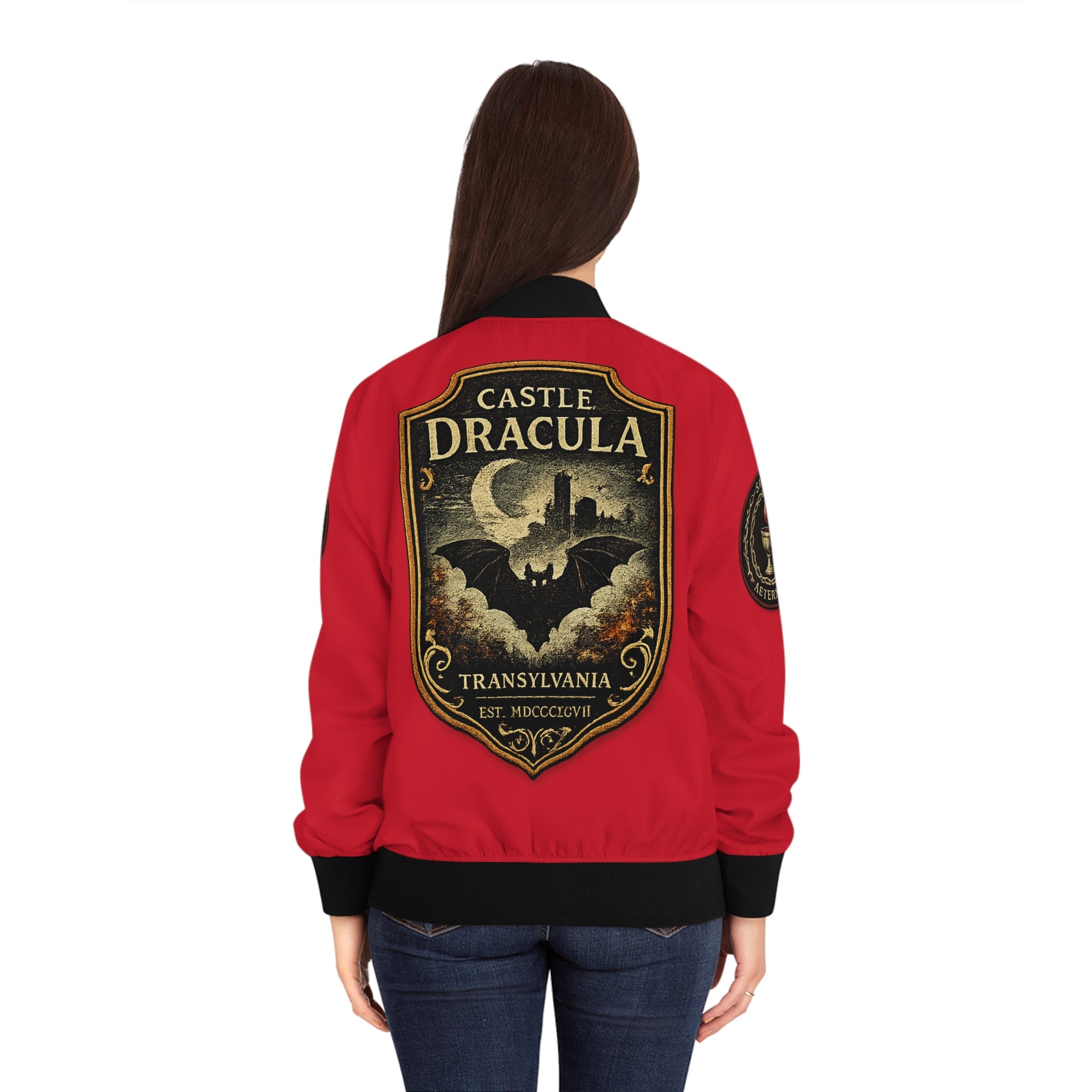 Dracula Castle Bomber Jacket — Gothic Vampire Crest Women's Jacket