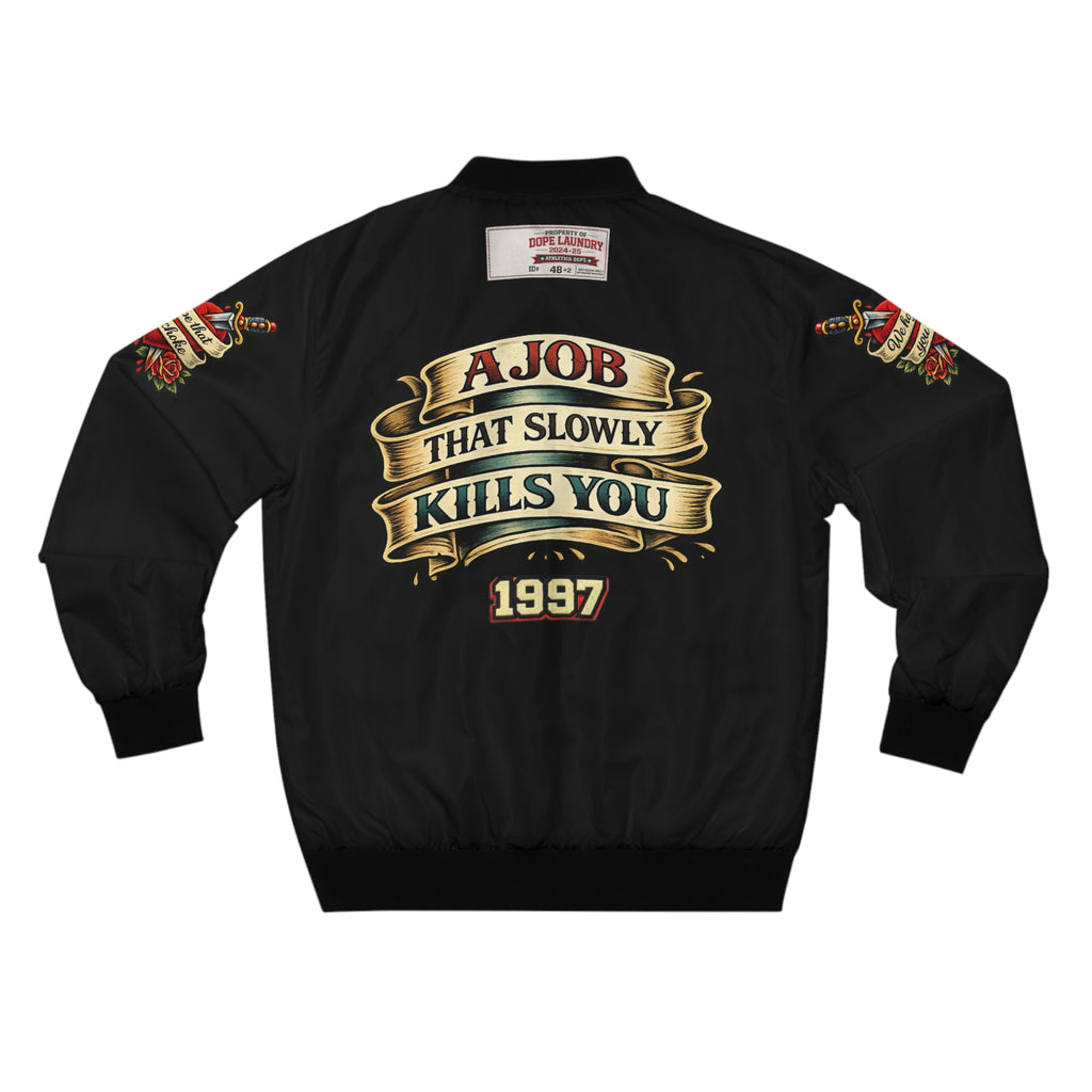Bomber Jacket — "OK Computer 1997" Retro Graphic with "A Job That Slowly Kills You" Back