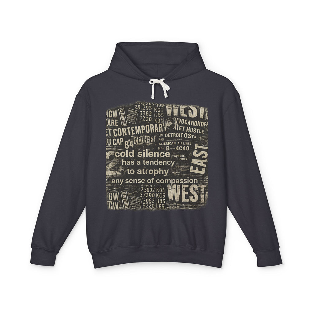Vintage Newspaper Graphic Hoodie — "cold silence has a tendency to atrophy"