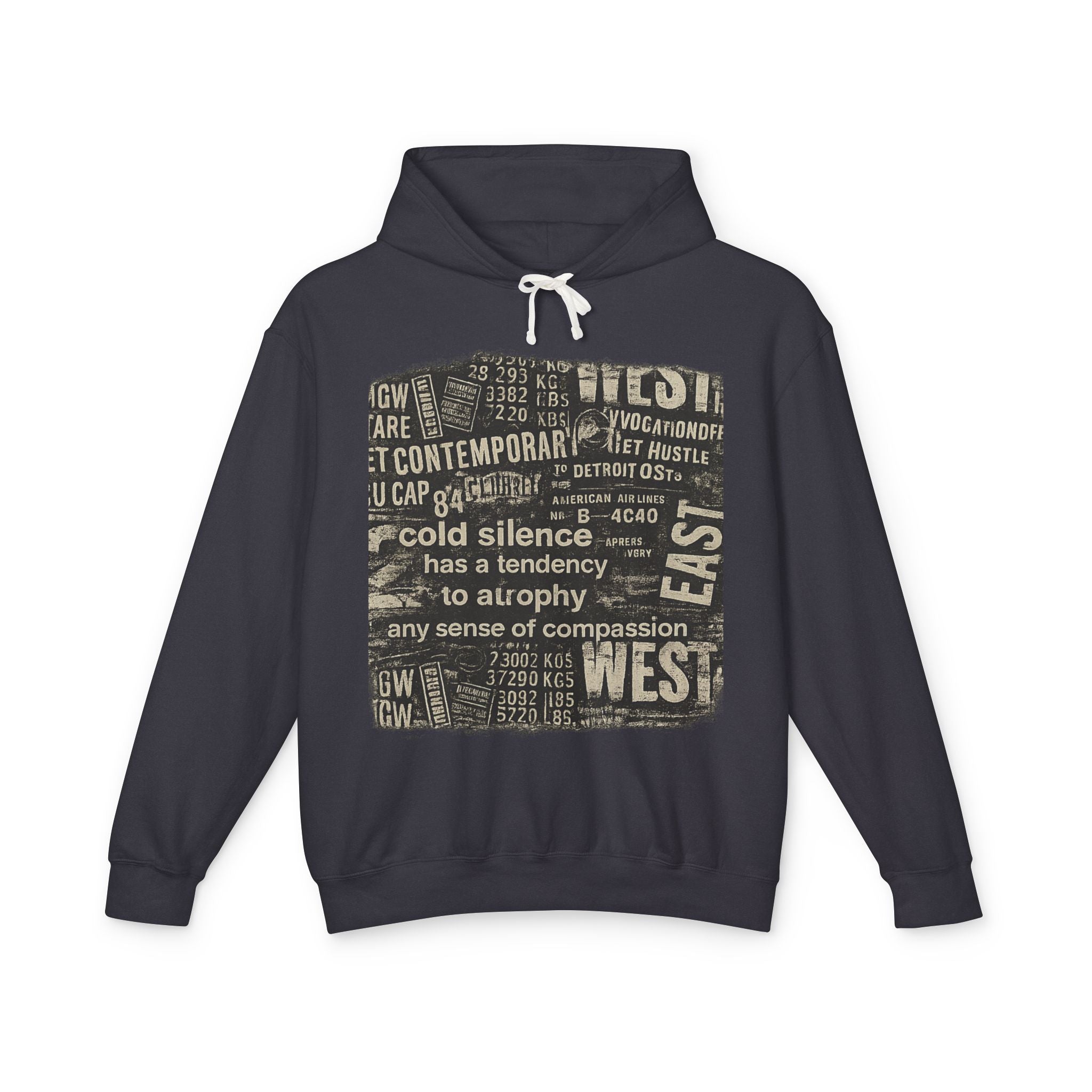 Vintage Newspaper Graphic Hoodie — "cold silence has a tendency to atrophy"