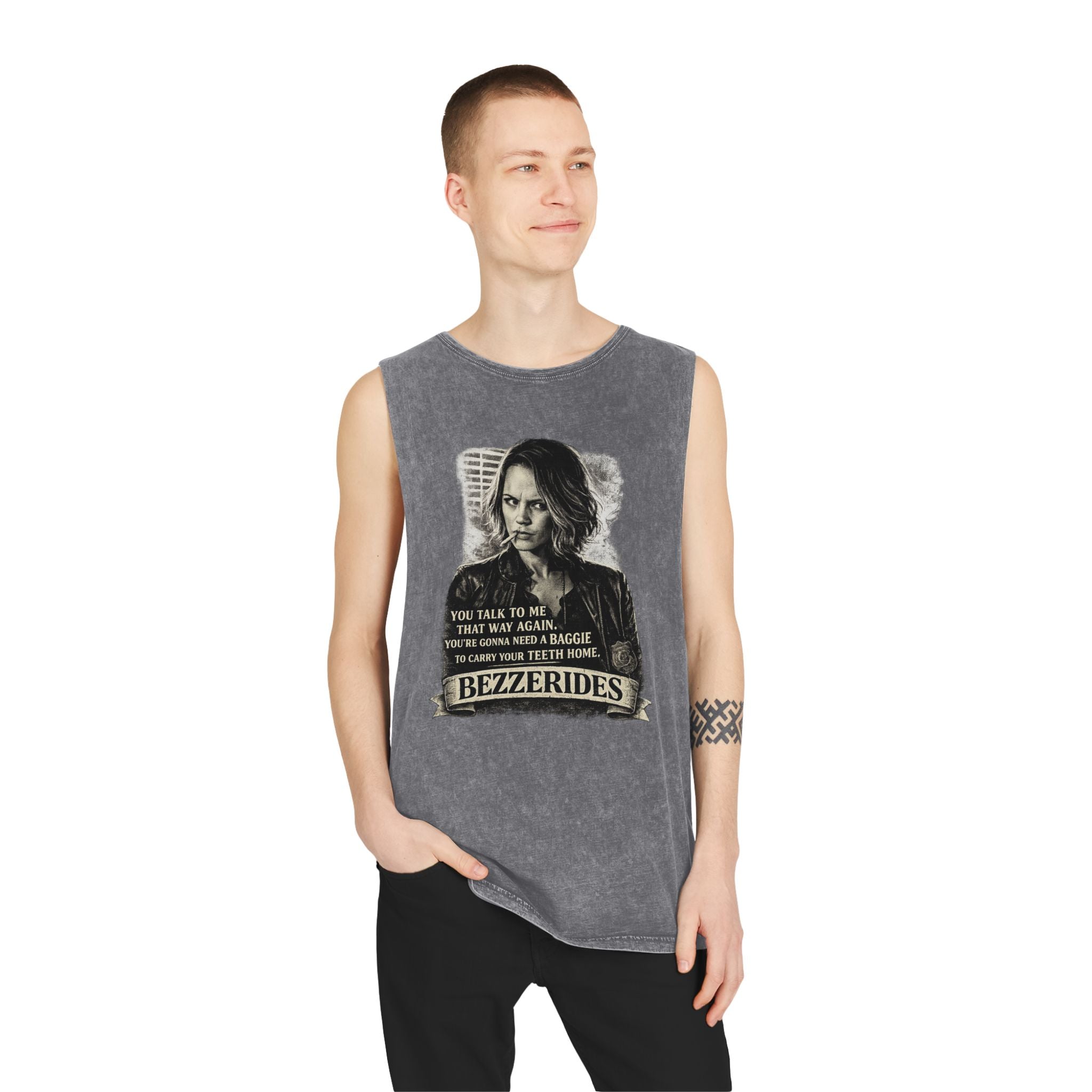 Bezzerides Vintage Stonewash Tank Top — 'You Talk To Me That Way Again...' Graphic