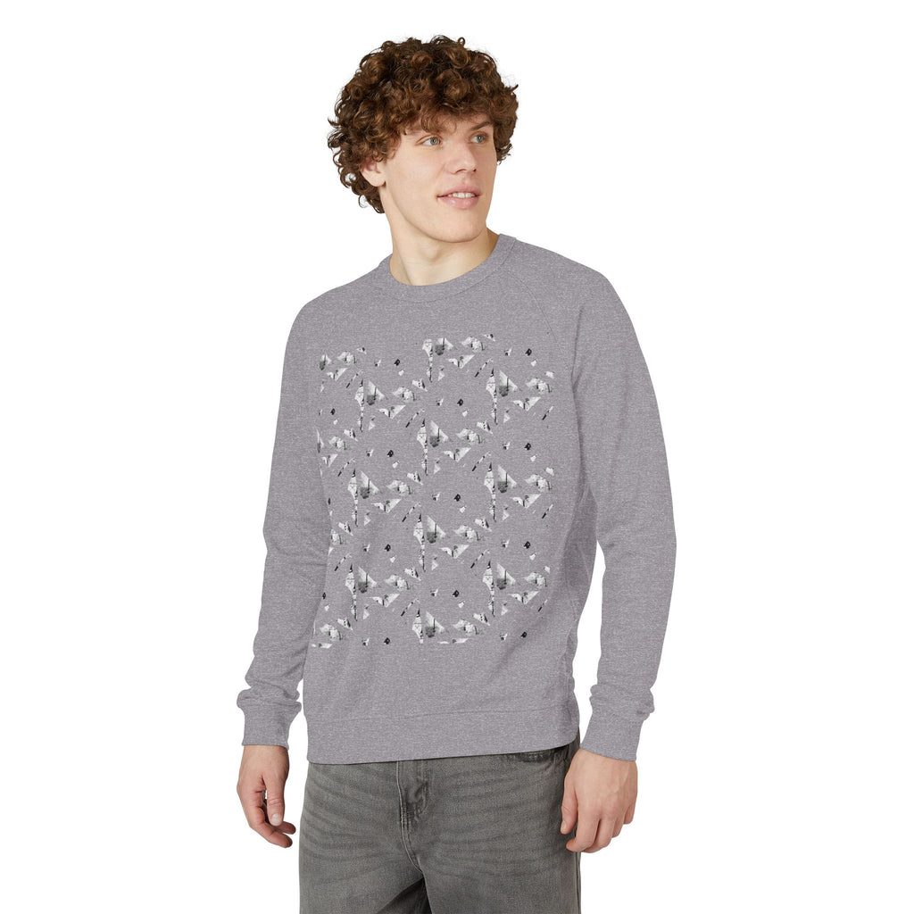 Graphic Raglan Crewneck Sweatshirt — Monochrome Geometric Pattern