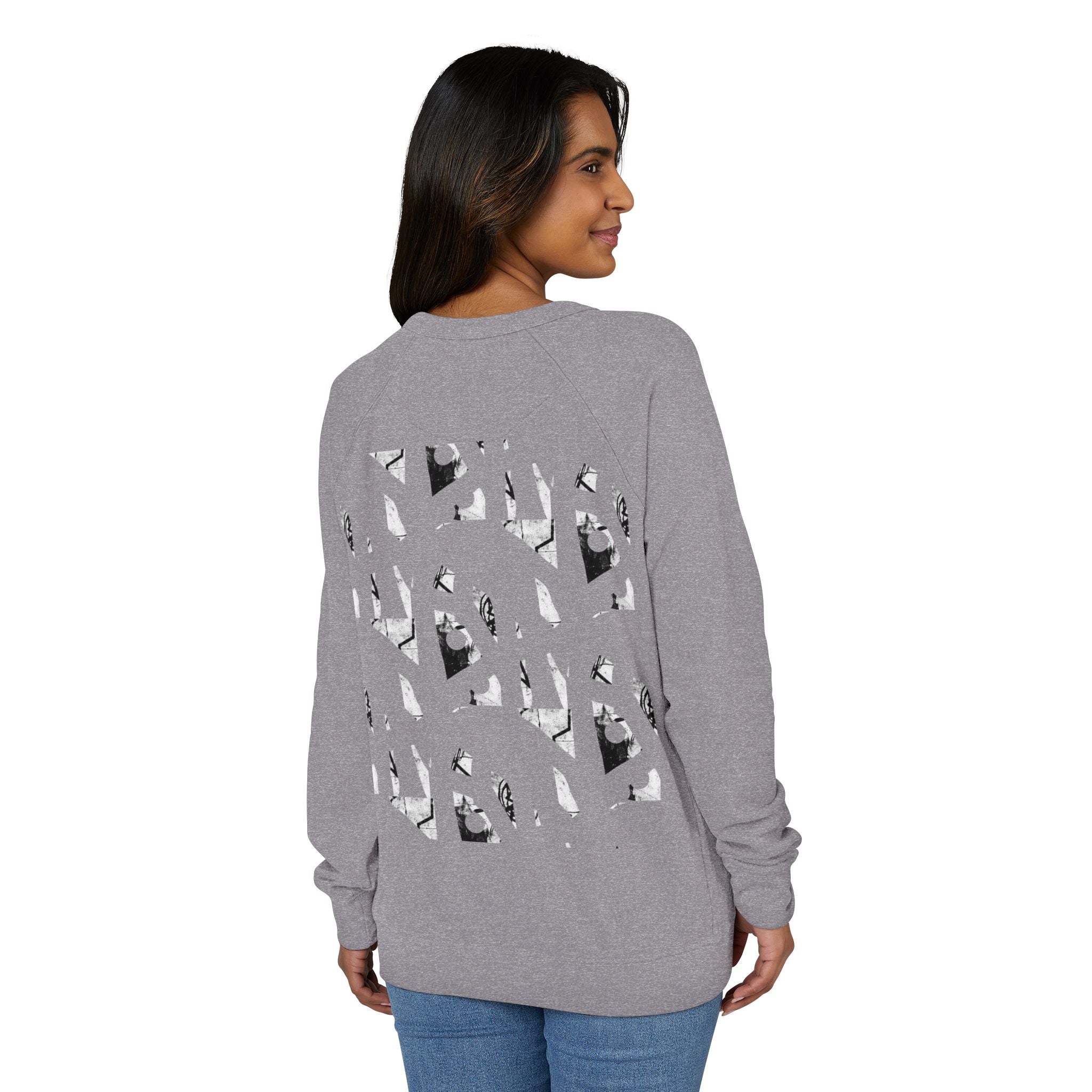 Graphic Raglan Crewneck Sweatshirt — Monochrome Geometric Pattern