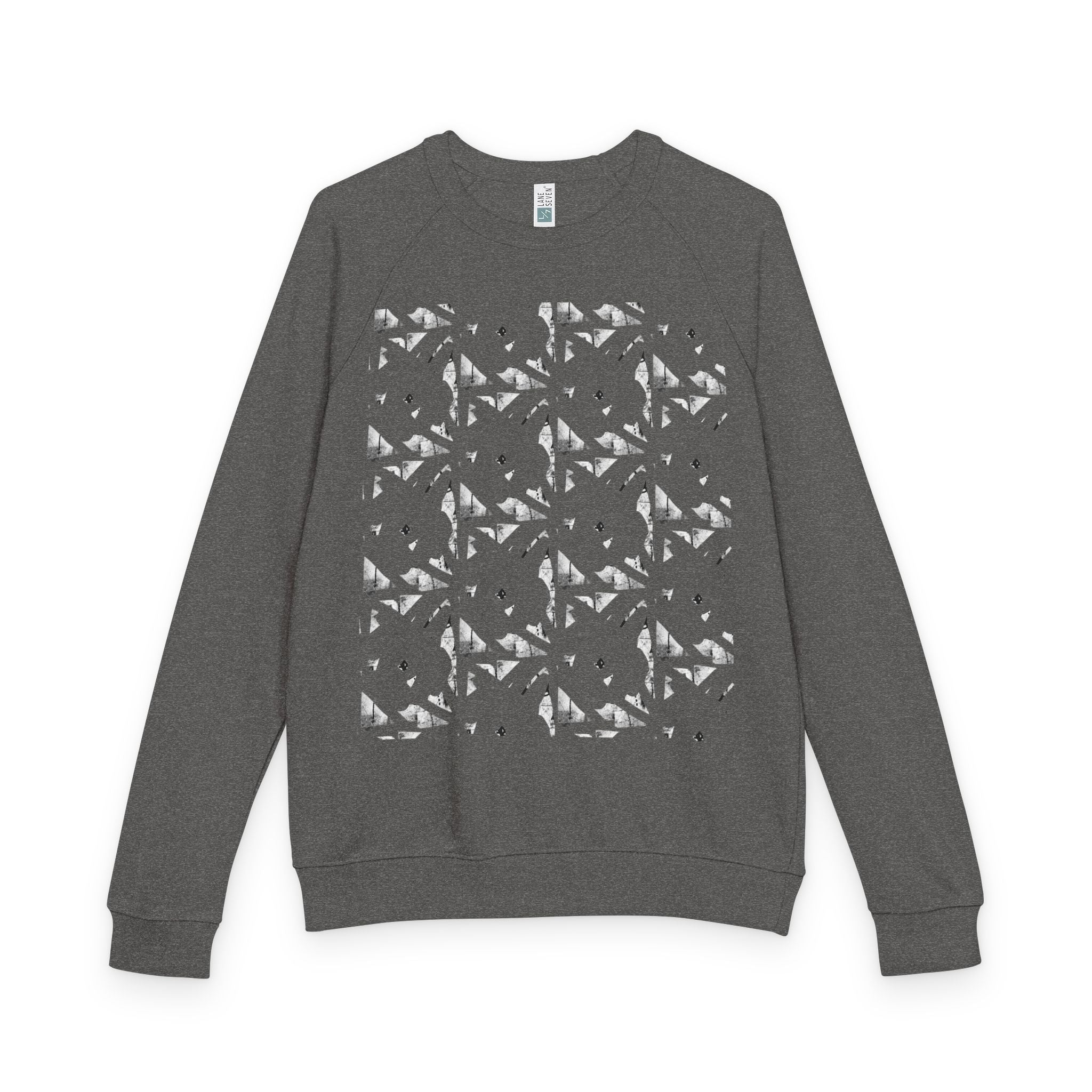 Graphic Raglan Crewneck Sweatshirt — Monochrome Geometric Pattern
