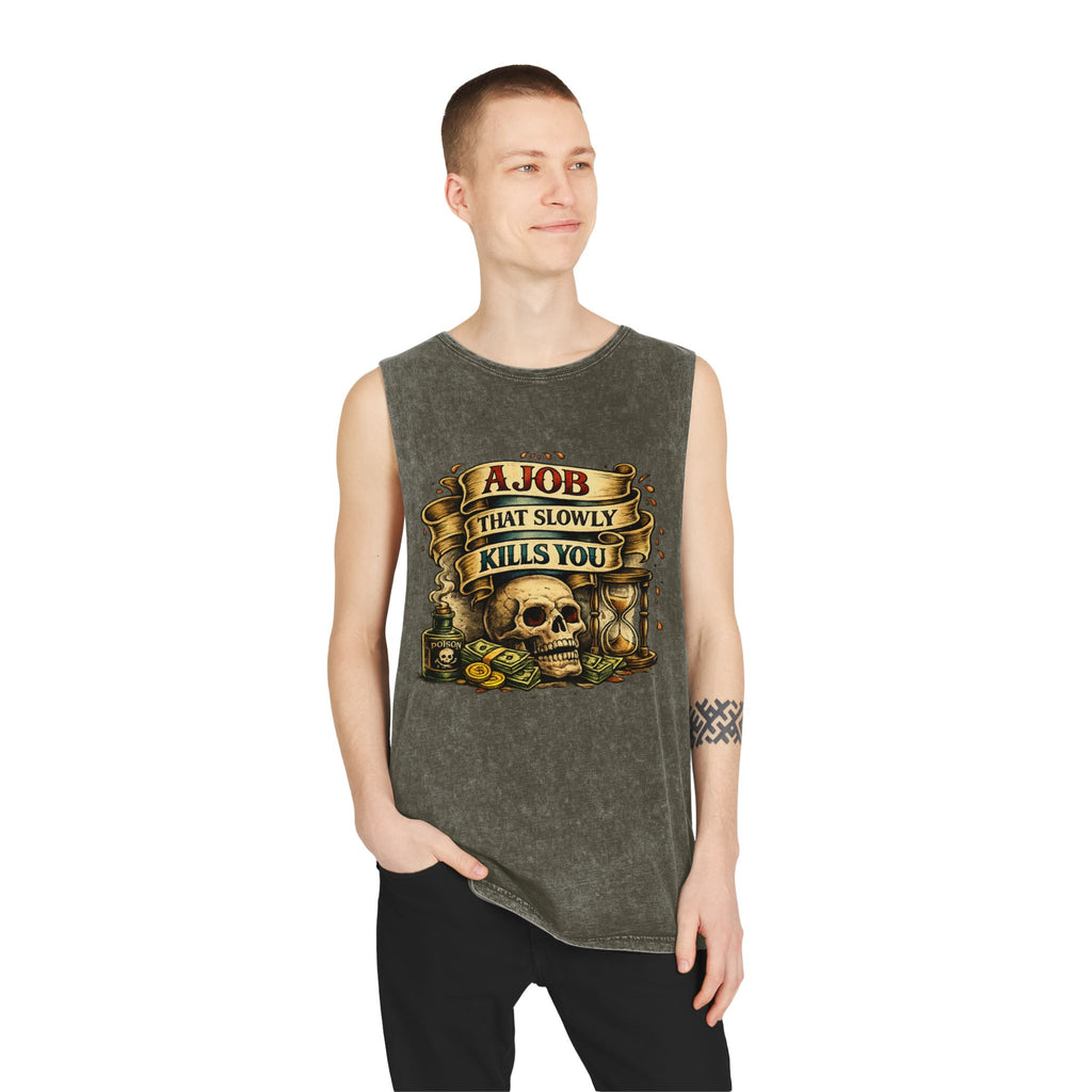 Tank Top — Retro Skull 'A Job That Slowly Kills You' Stonewash Muscle Tee