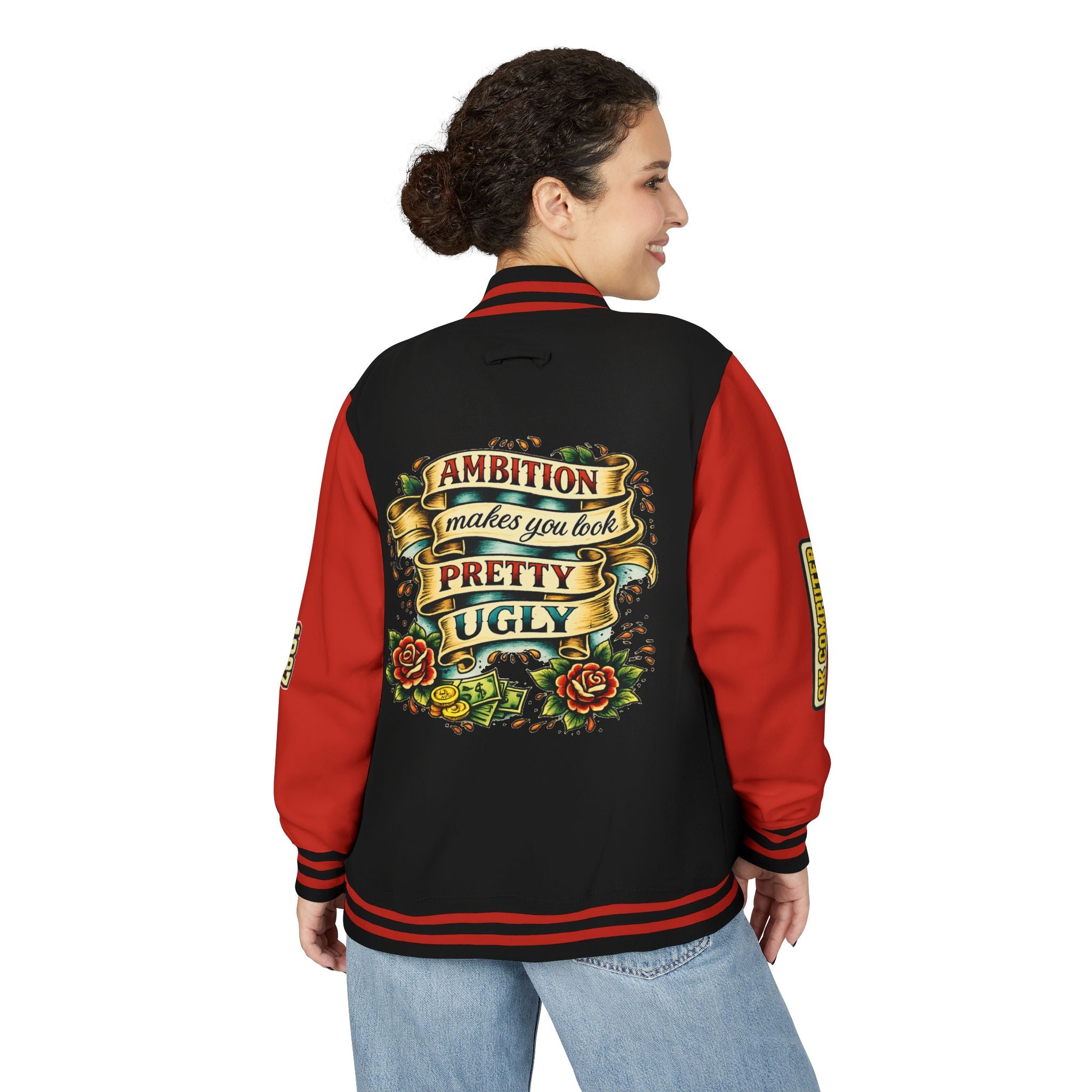 Letterman Jacket — "Ambition Makes You Look Pretty Ugly" Floral Varsity Jacket