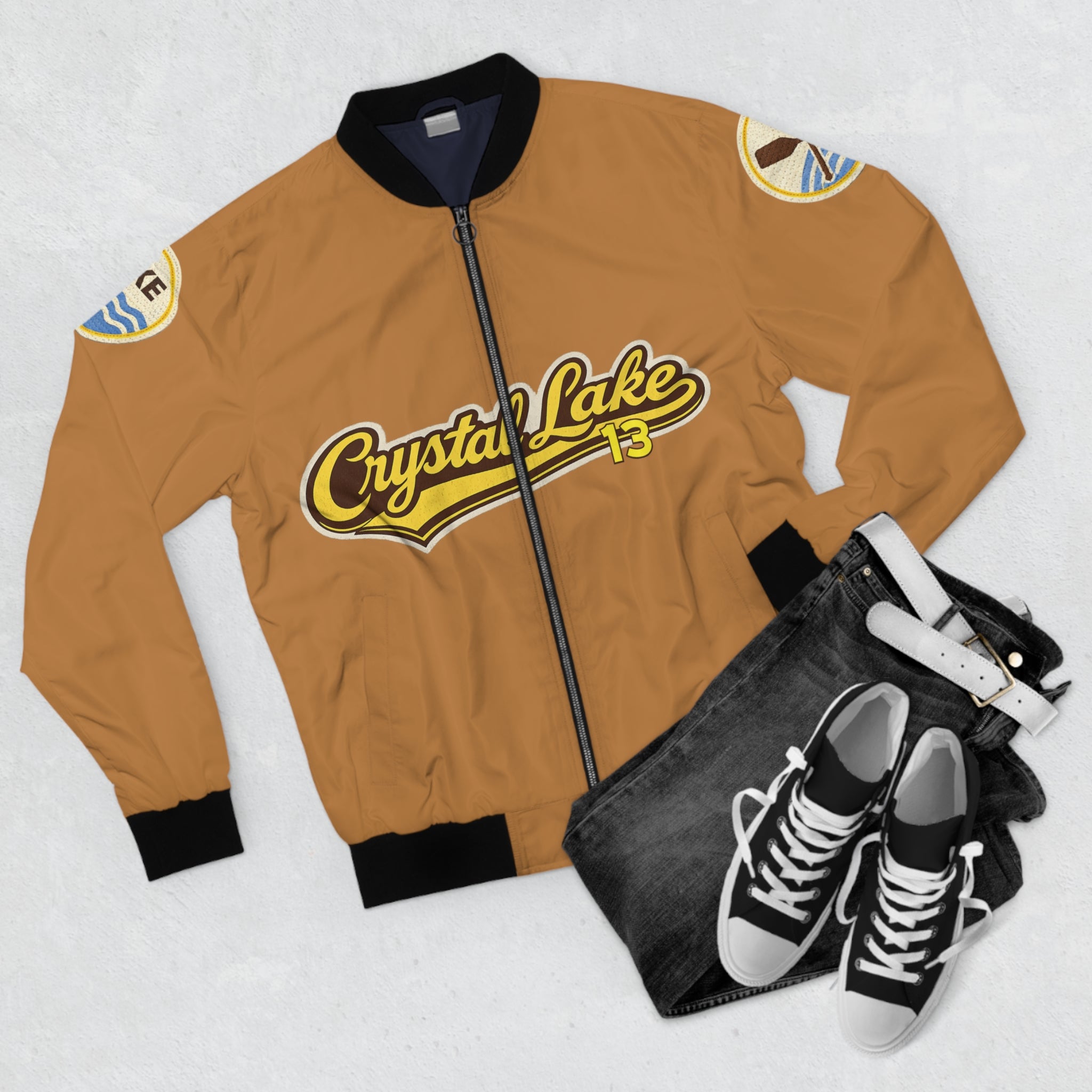 Crystal Lake 13 Bomber Jacket — Retro Lake Badge All-Over Print