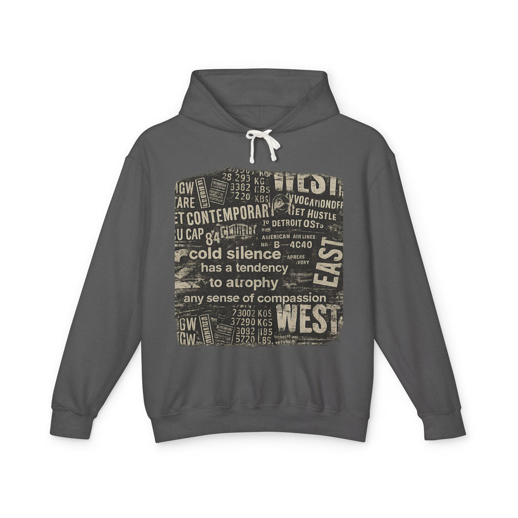 Vintage Newspaper Graphic Hoodie — "cold silence has a tendency to atrophy"