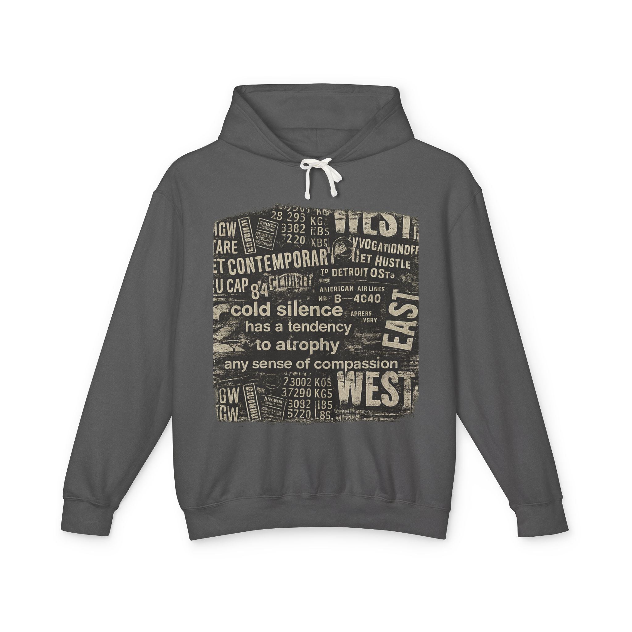 Vintage Newspaper Graphic Hoodie — "cold silence has a tendency to atrophy"