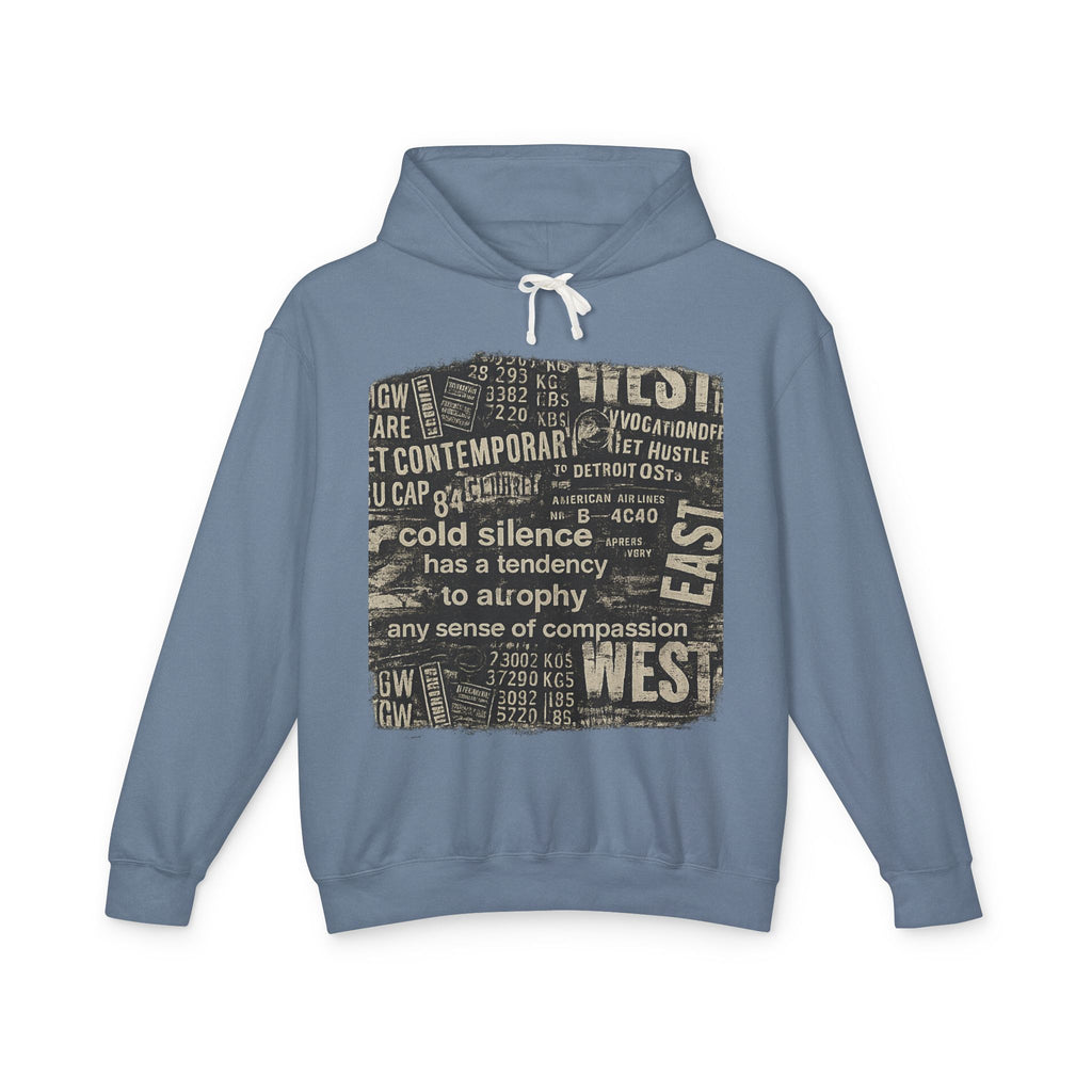 Vintage Newspaper Graphic Hoodie — "cold silence has a tendency to atrophy"