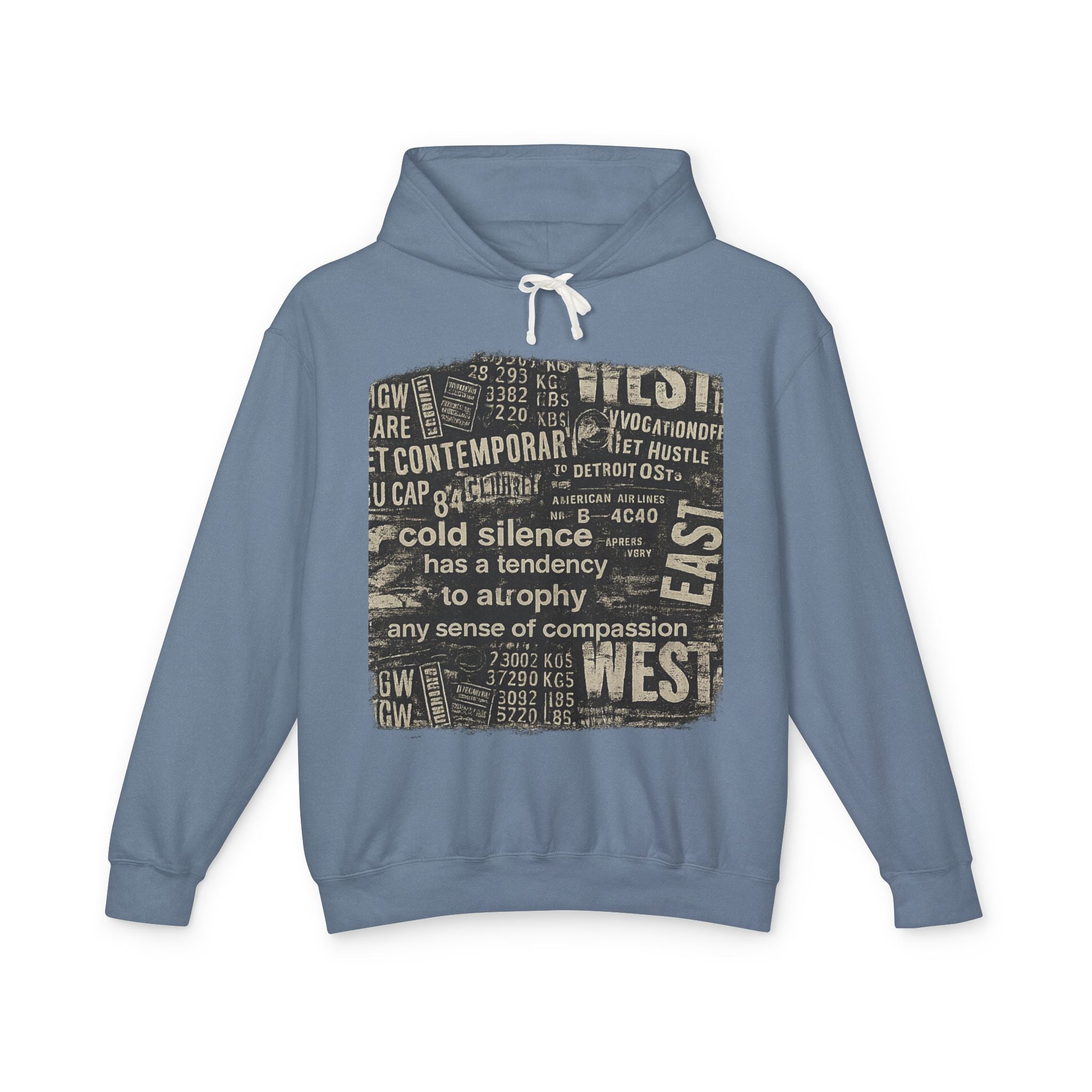 Vintage Newspaper Graphic Hoodie — "cold silence has a tendency to atrophy"