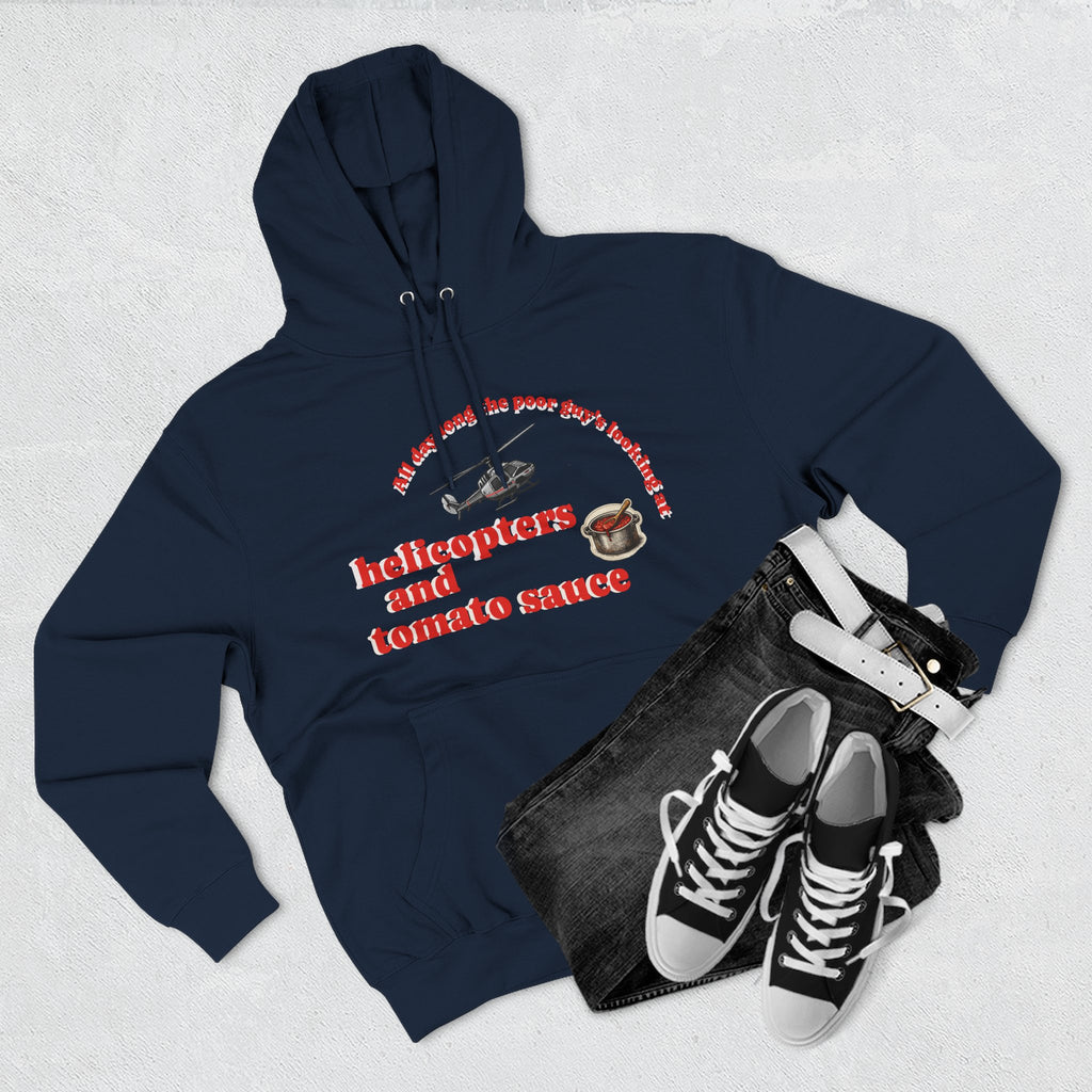 Hoodie — 'Helicopters and Tomato Sauce' Graphic Pullover (Retro Helicopter + Sauce Pot Print)