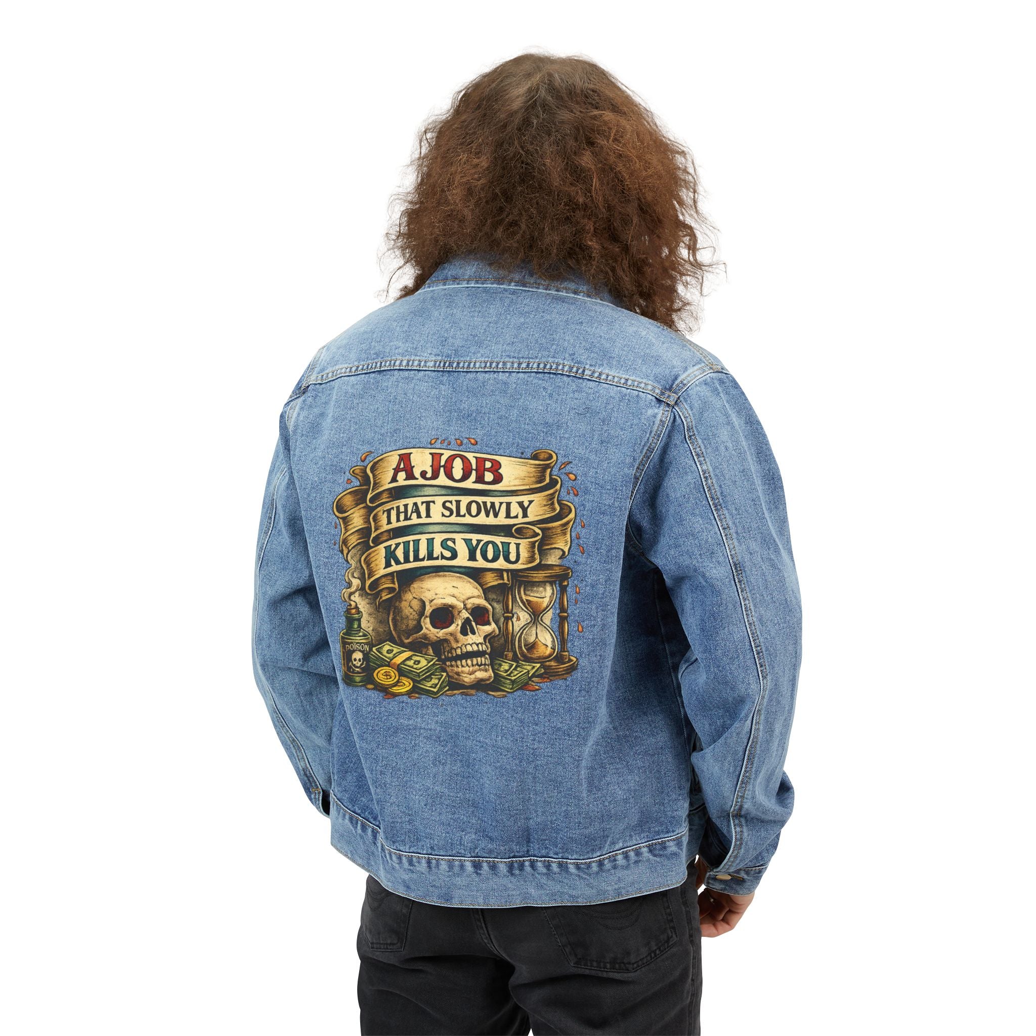 Denim Jacket — "A Job That Slowly Kills You" Skull Back Graphic