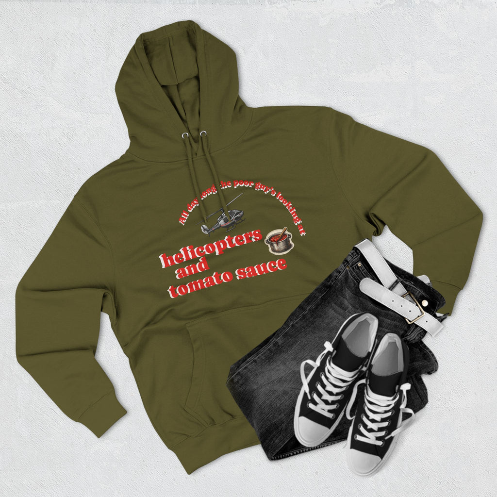 Hoodie — 'Helicopters and Tomato Sauce' Graphic Pullover (Retro Helicopter + Sauce Pot Print)