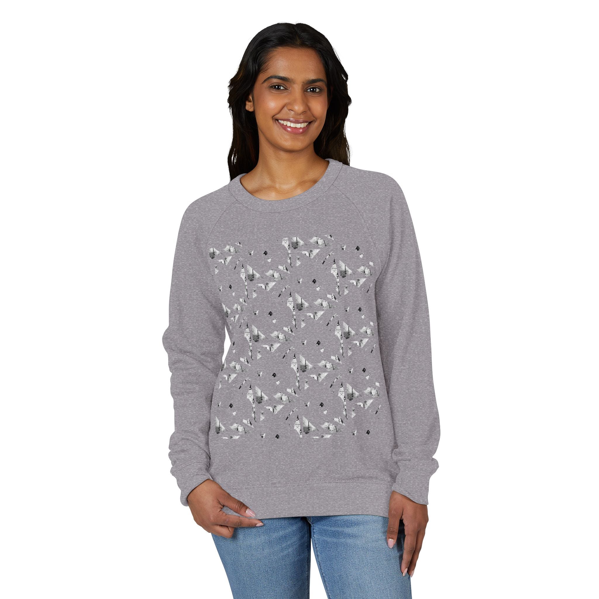 Graphic Raglan Crewneck Sweatshirt — Monochrome Geometric Pattern