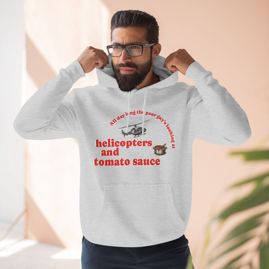 Hoodie — 'Helicopters and Tomato Sauce' Graphic Pullover (Retro Helicopter + Sauce Pot Print)