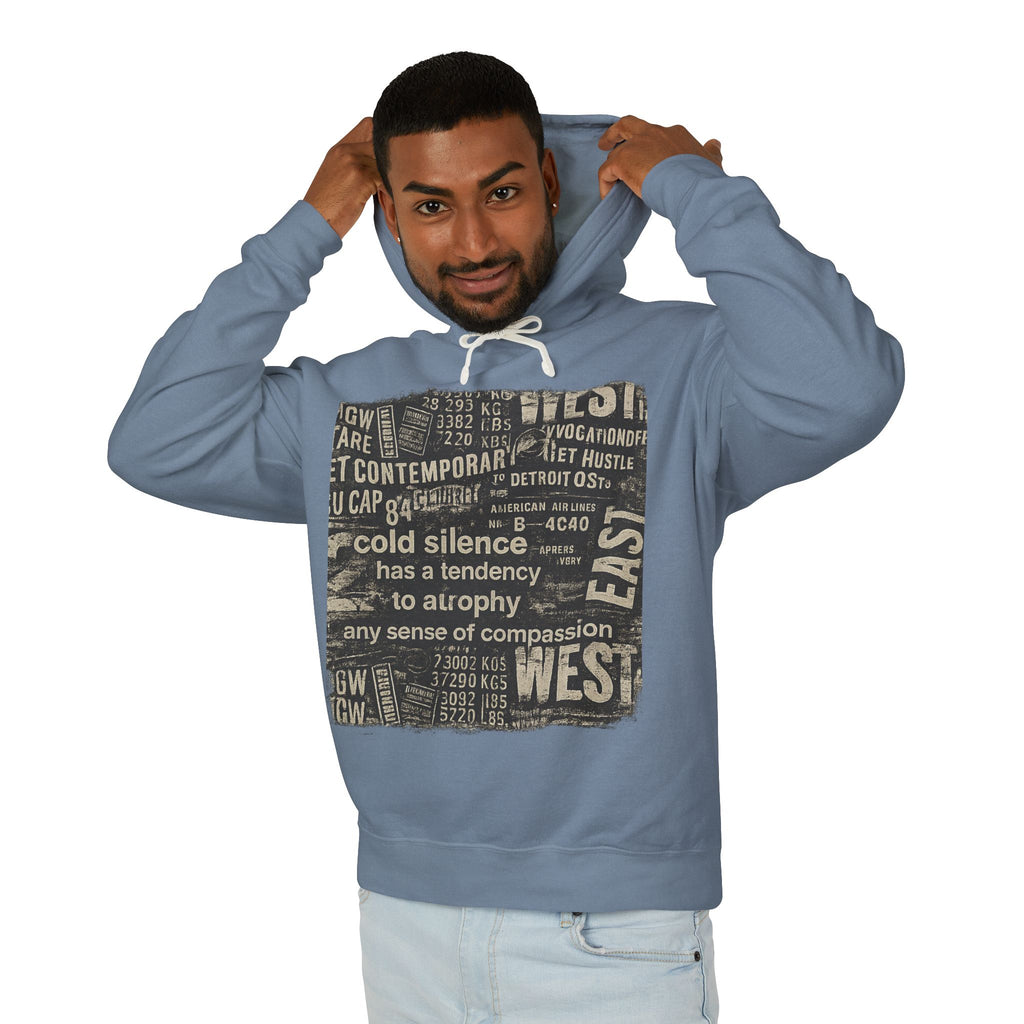Vintage Newspaper Graphic Hoodie — "cold silence has a tendency to atrophy"