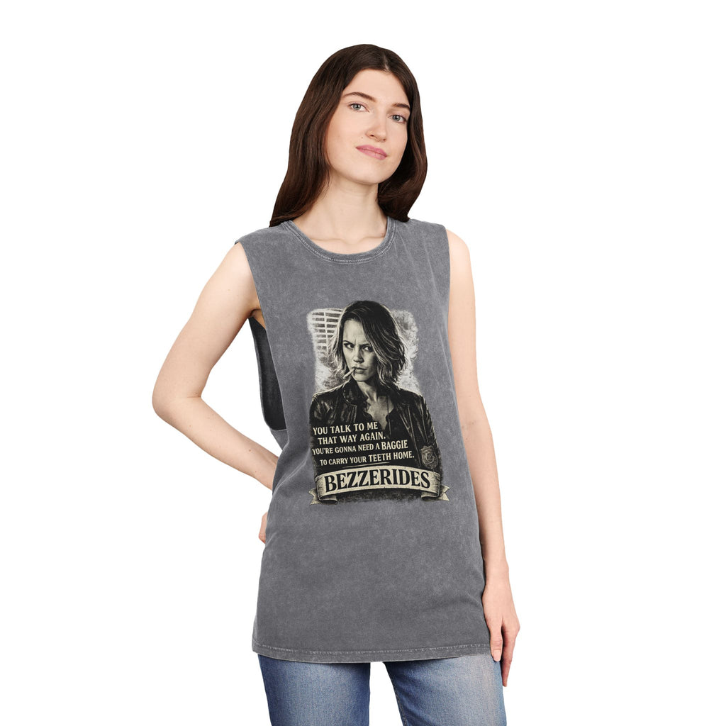 Bezzerides Vintage Stonewash Tank Top — 'You Talk To Me That Way Again...' Graphic