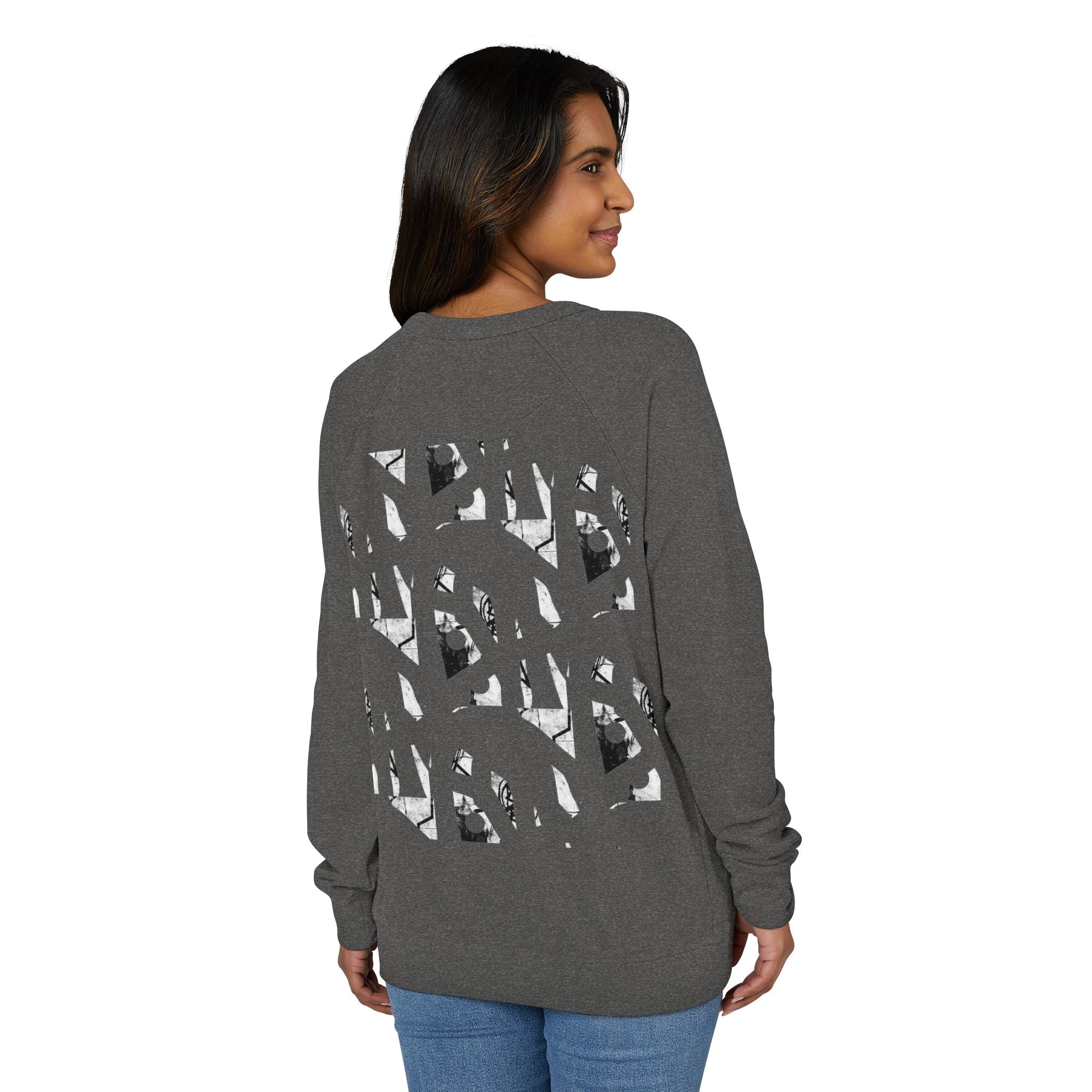 Graphic Raglan Crewneck Sweatshirt — Monochrome Geometric Pattern