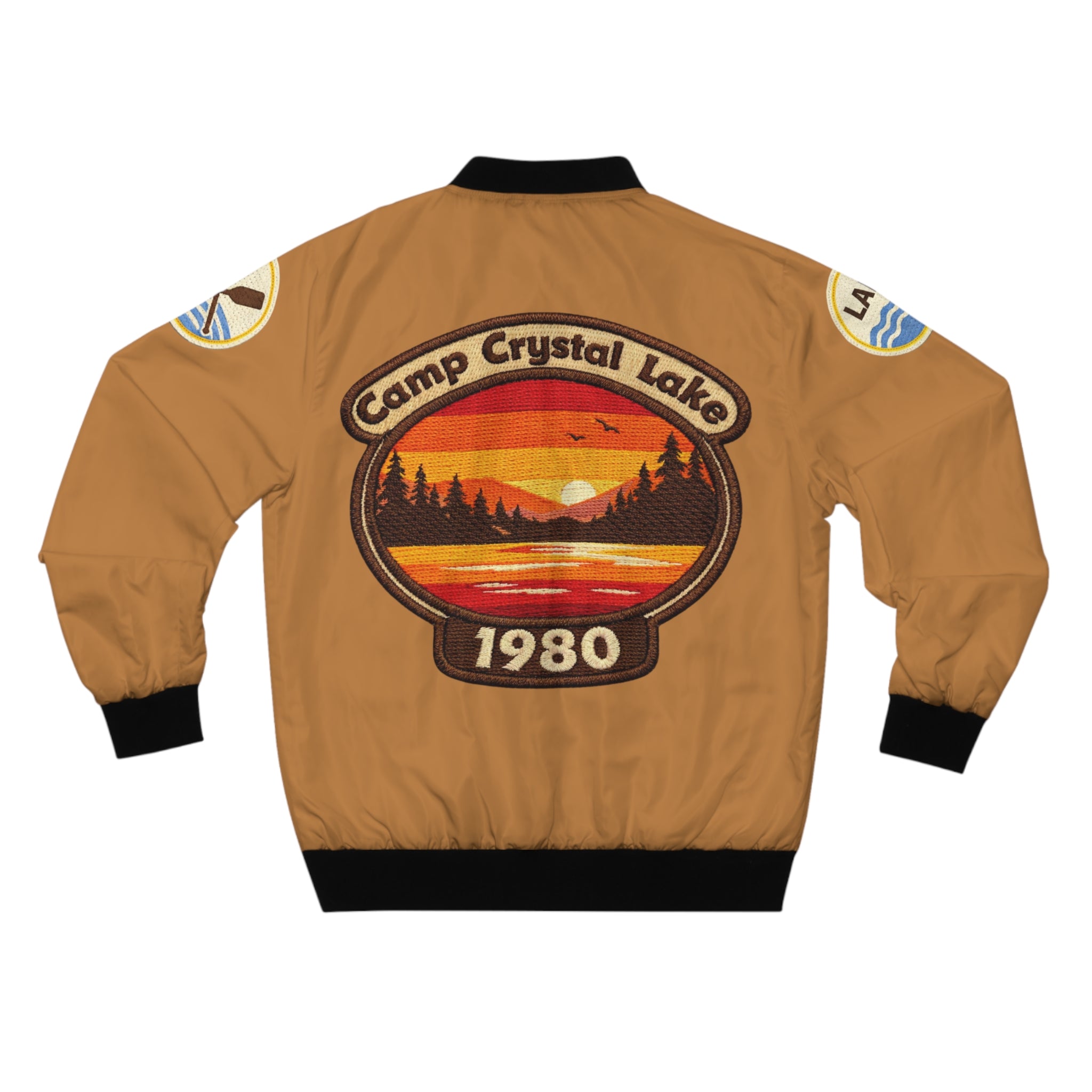 Crystal Lake 13 Bomber Jacket — Retro Lake Badge All-Over Print
