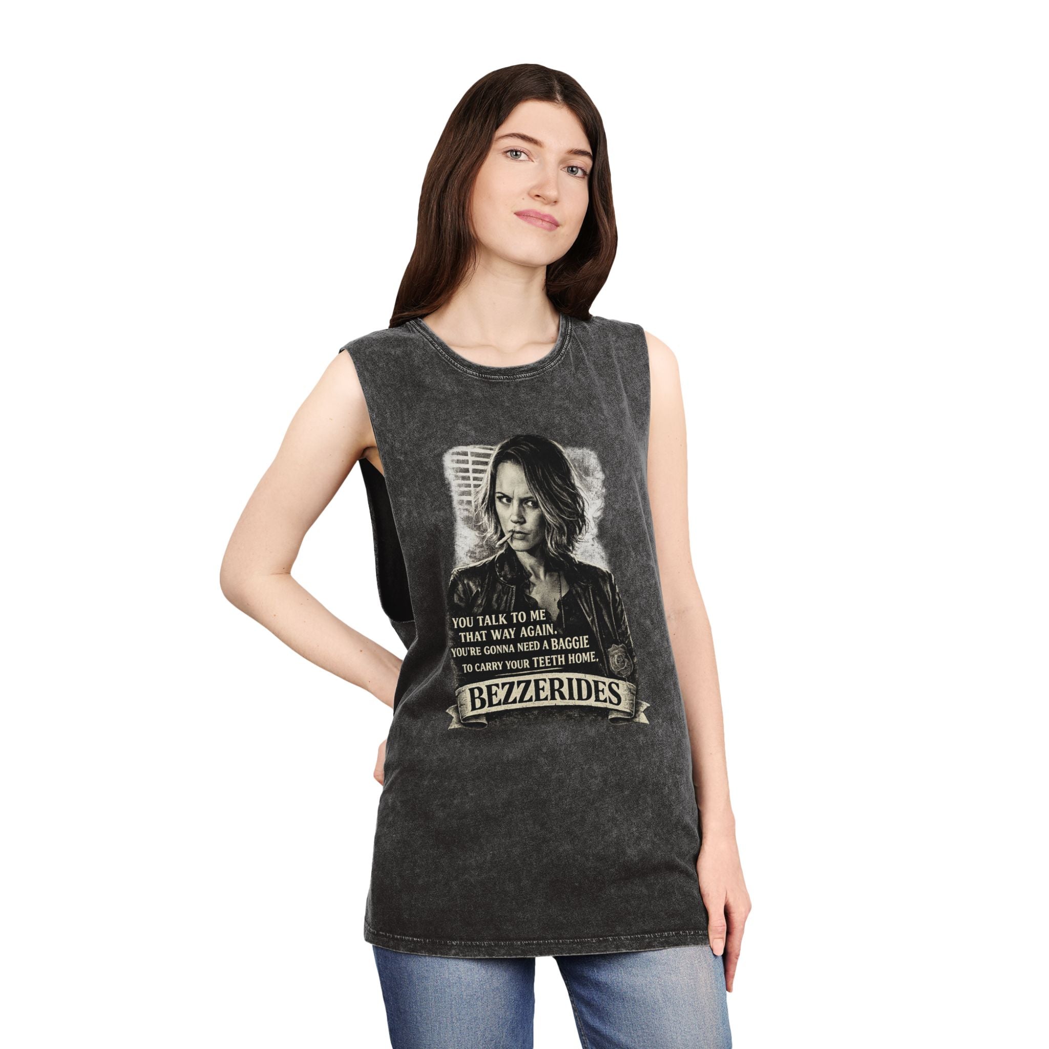 Bezzerides Vintage Stonewash Tank Top — 'You Talk To Me That Way Again...' Graphic