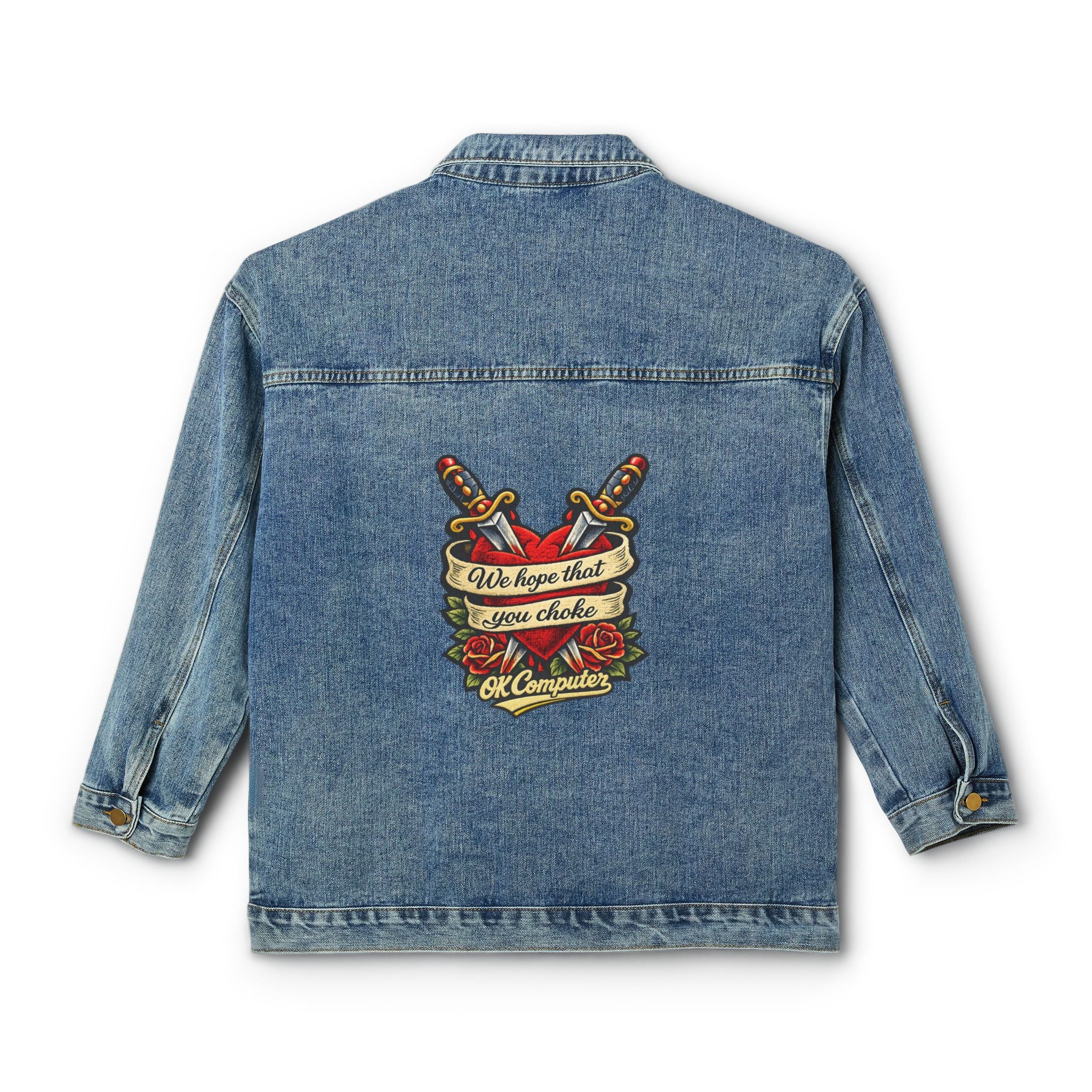 Women’s Denim Jacket — Retro Tattoo Back Patch “We Hope That You Choke”