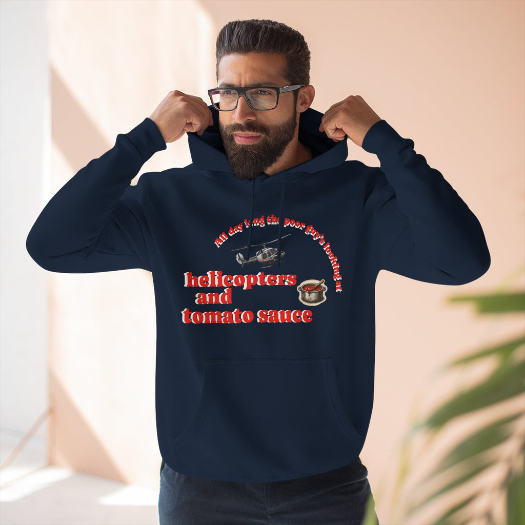 Hoodie — 'Helicopters and Tomato Sauce' Graphic Pullover (Retro Helicopter + Sauce Pot Print)
