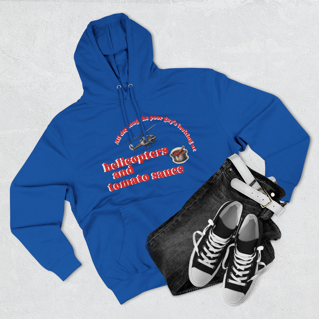 Hoodie — 'Helicopters and Tomato Sauce' Graphic Pullover (Retro Helicopter + Sauce Pot Print)