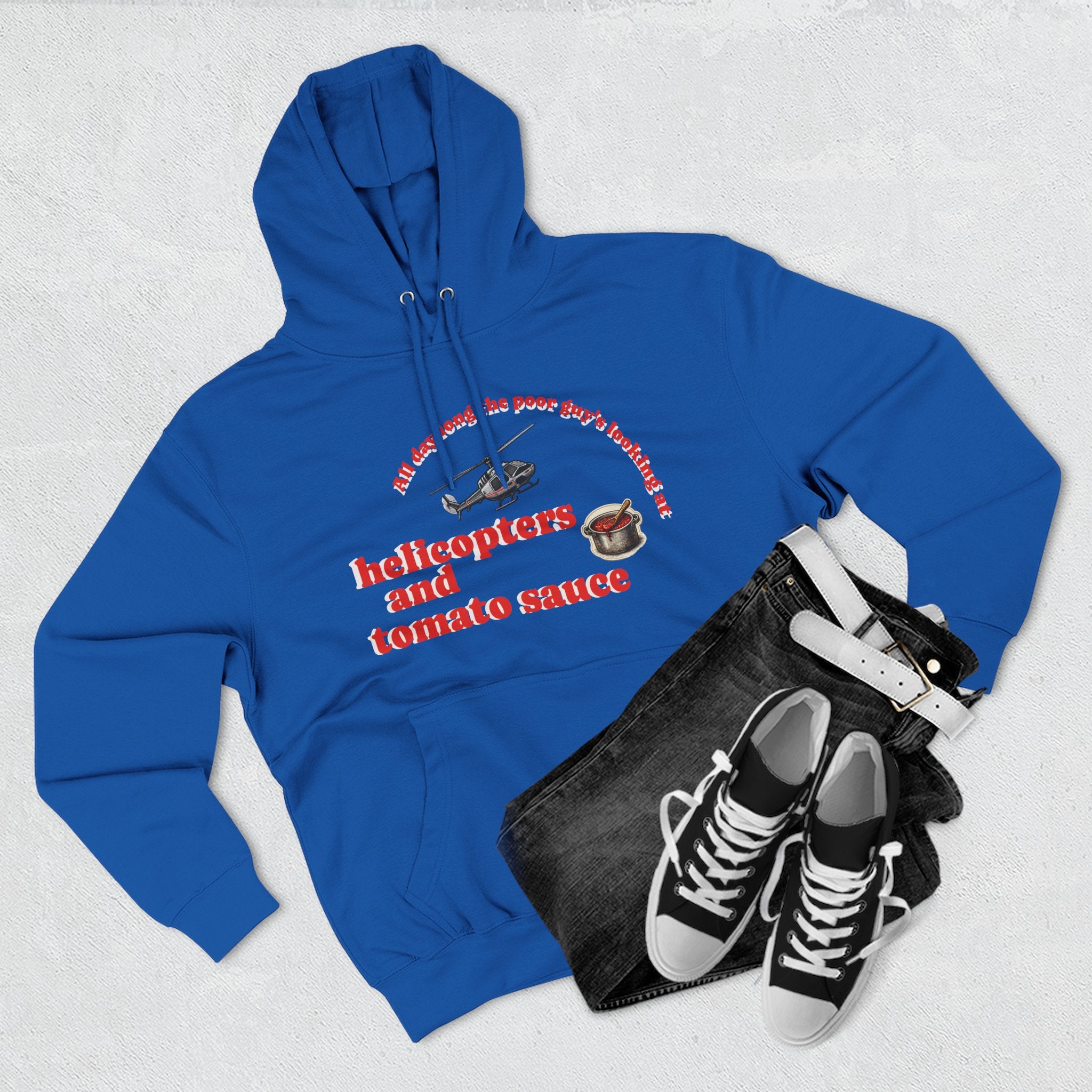 Hoodie — 'Helicopters and Tomato Sauce' Graphic Pullover (Retro Helicopter + Sauce Pot Print)