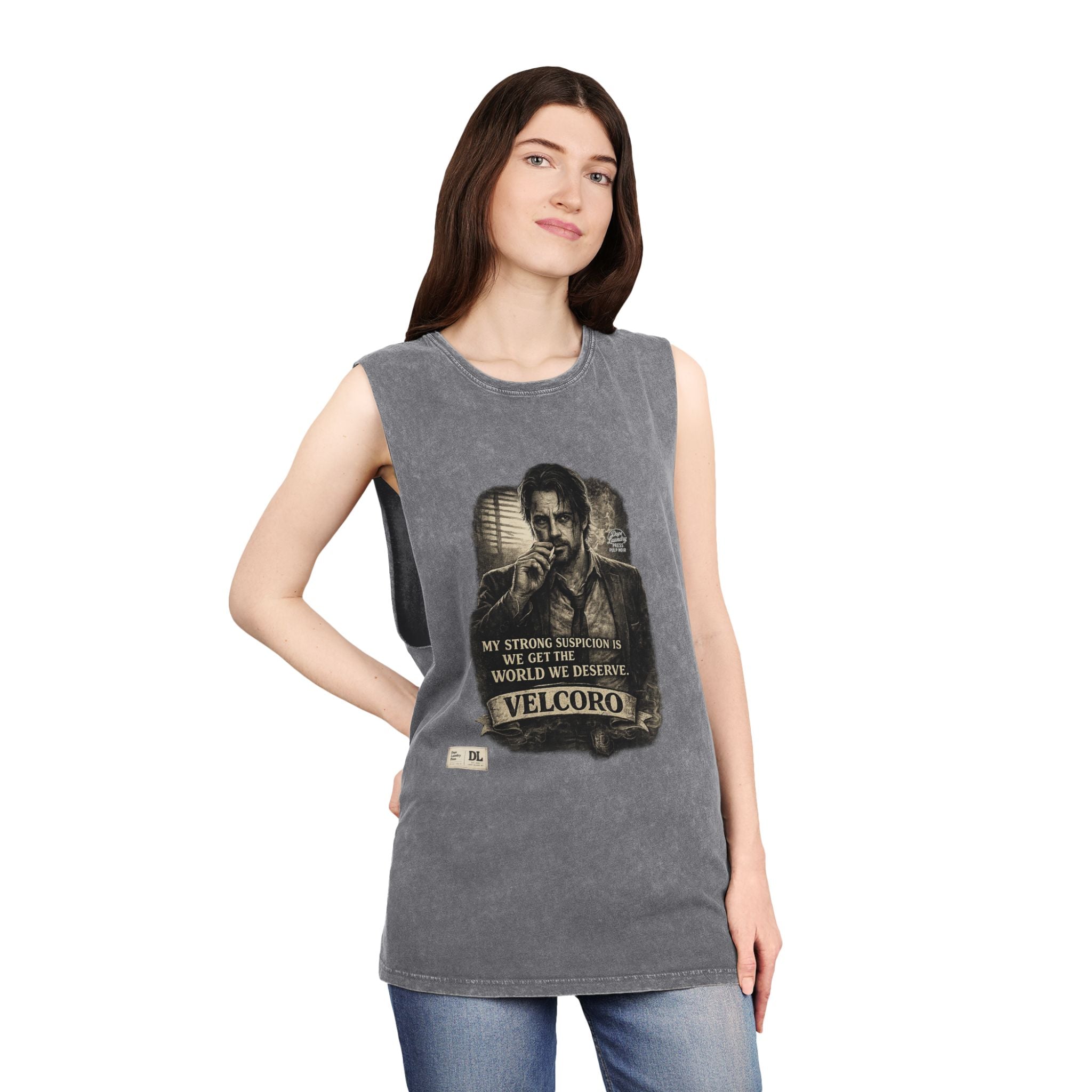 Stonewash Graphic Tank Top — Portrait with "Velcoro" Quote