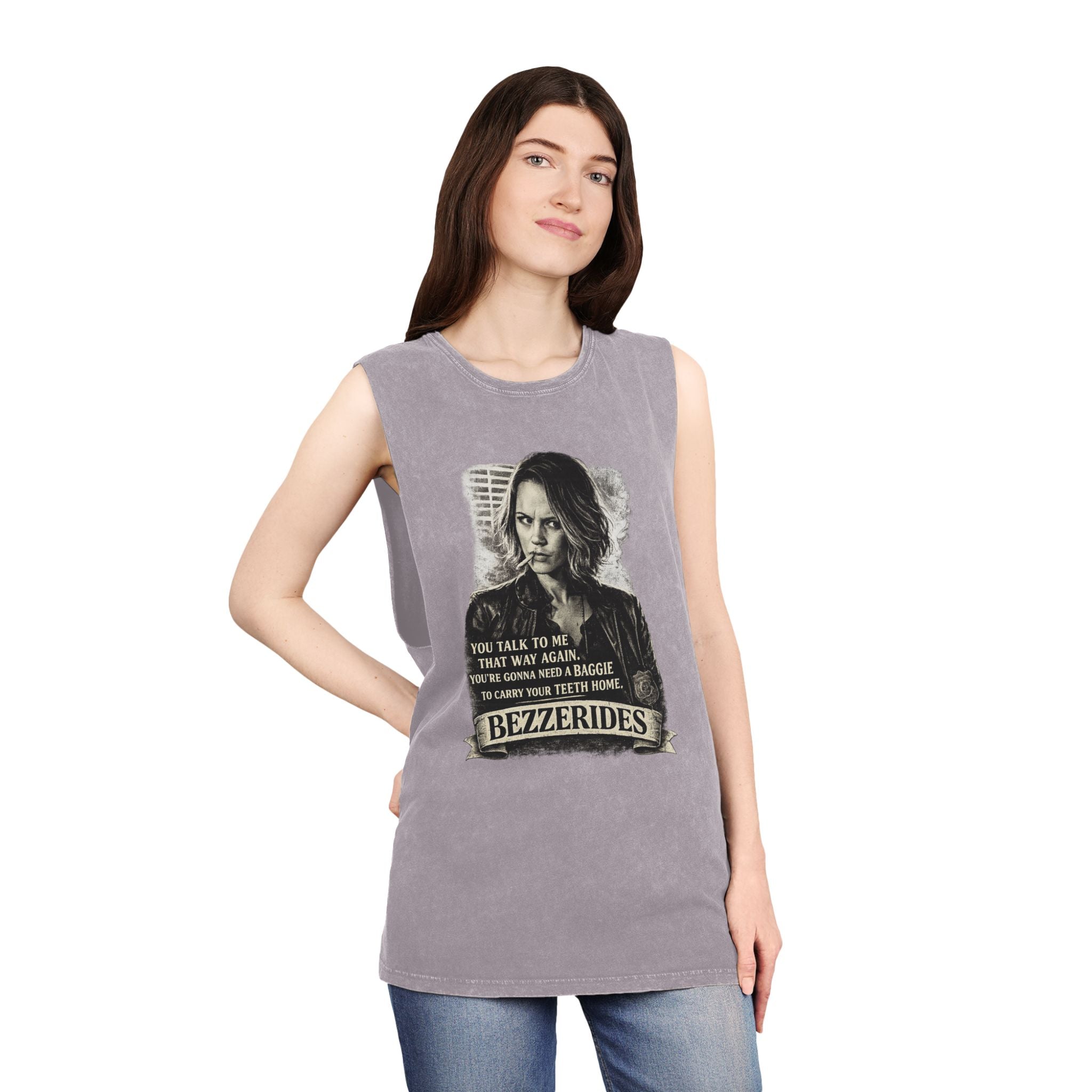 Bezzerides Vintage Stonewash Tank Top — 'You Talk To Me That Way Again...' Graphic