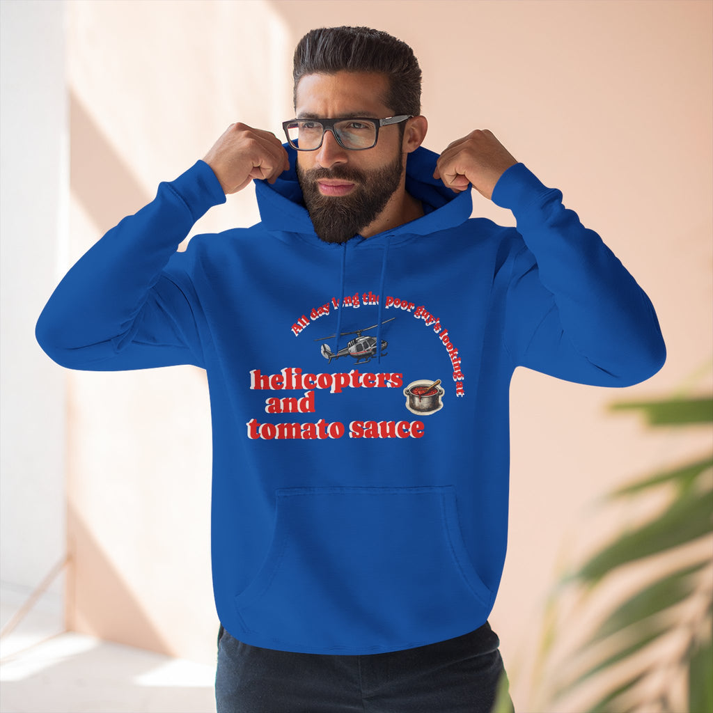 Hoodie — 'Helicopters and Tomato Sauce' Graphic Pullover (Retro Helicopter + Sauce Pot Print)
